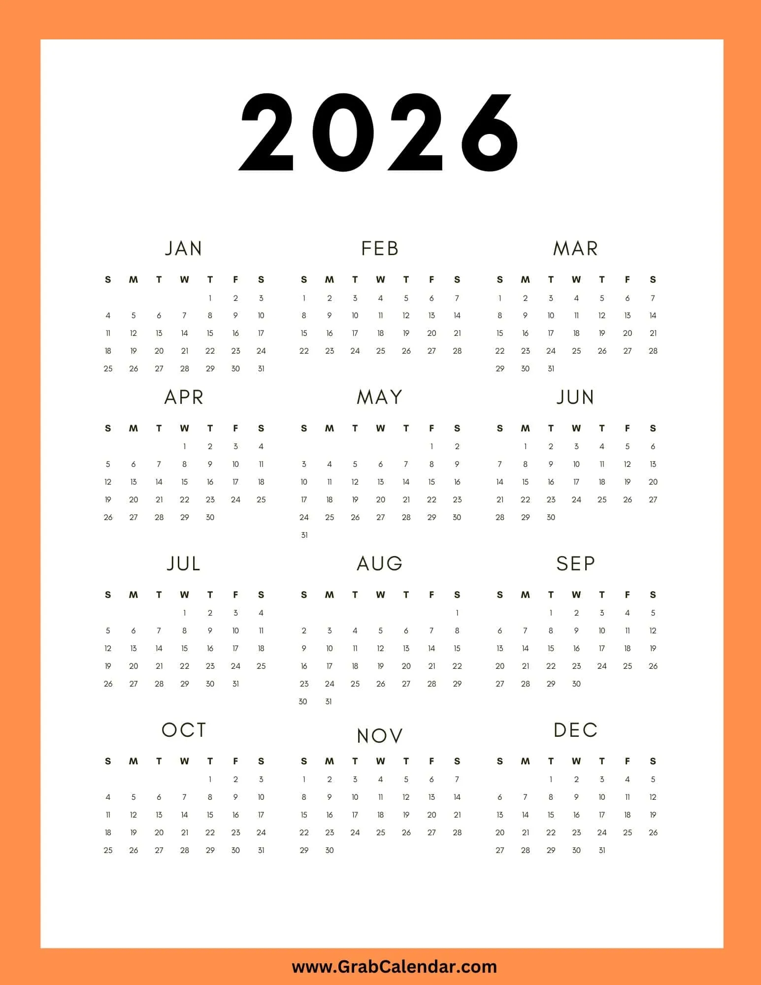 Large Printable Monthly Calendar 2026