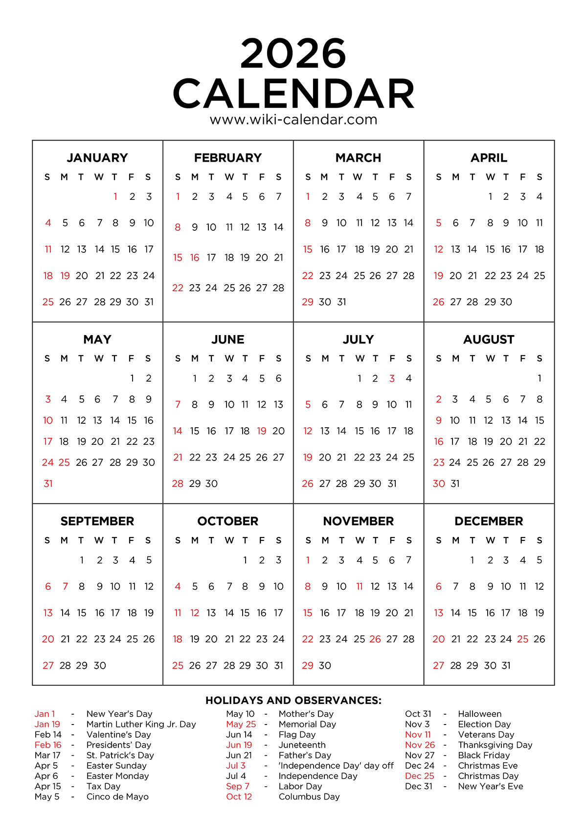 2026 Calendar Printable Free PDF With Holidays 2026 Calendar Printable Free PDF With Holidays