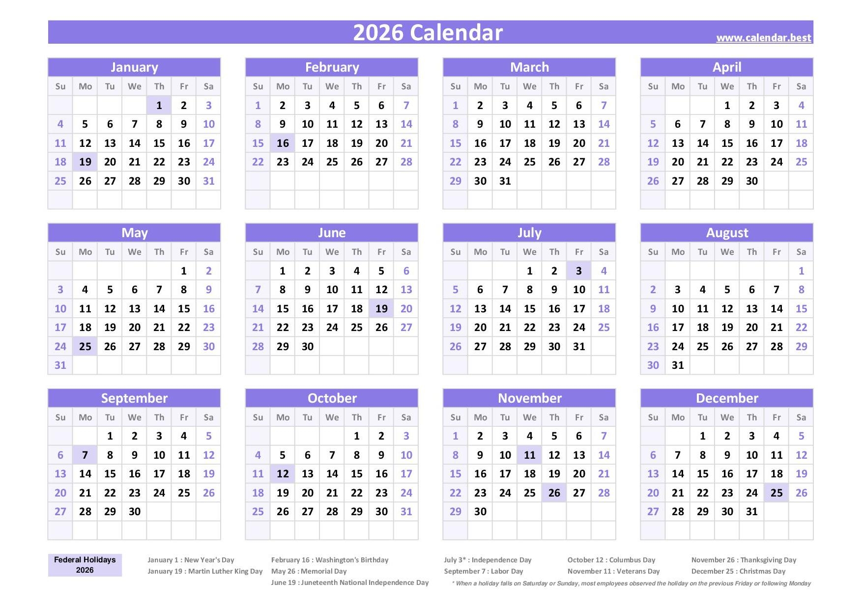 2026 Calendar With Holidays US Federal Holidays 