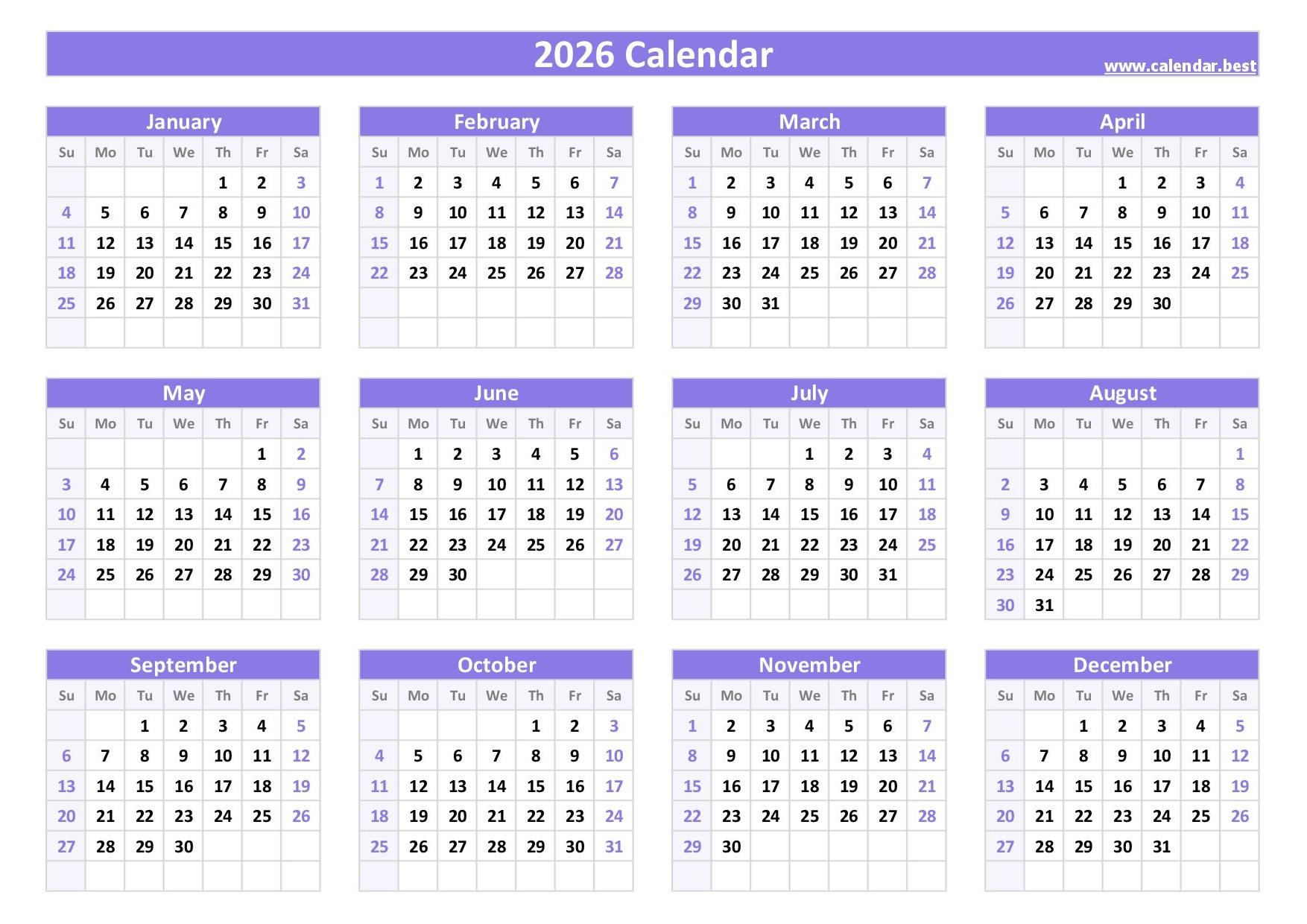 2026 Calendar Printable Free Pdf