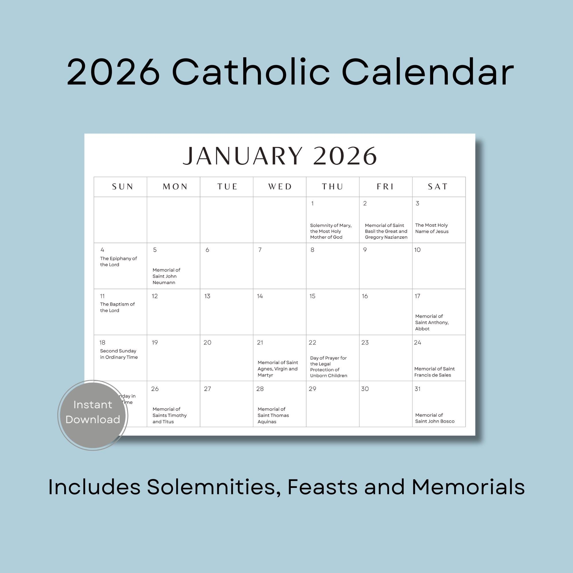 2026 Catholic Calendar Printable