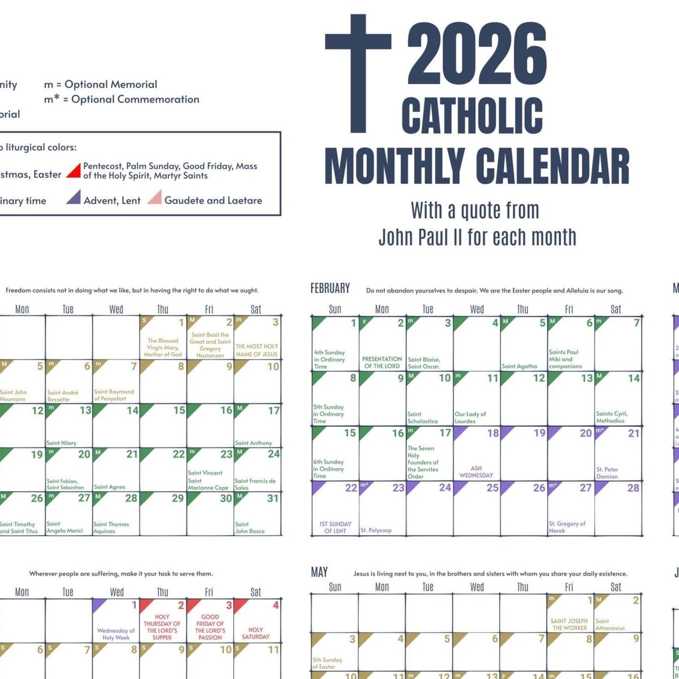 2026 Color coded Liturgical Calendar Instant Download Catholic Planner Etsy