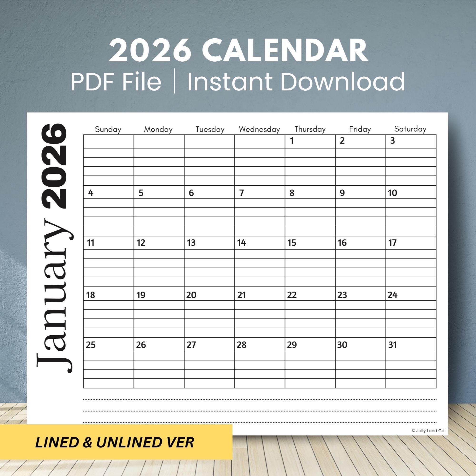 2026 Minimalist Calendar Printable Lined Unlined US Letter PDF Download Etsy