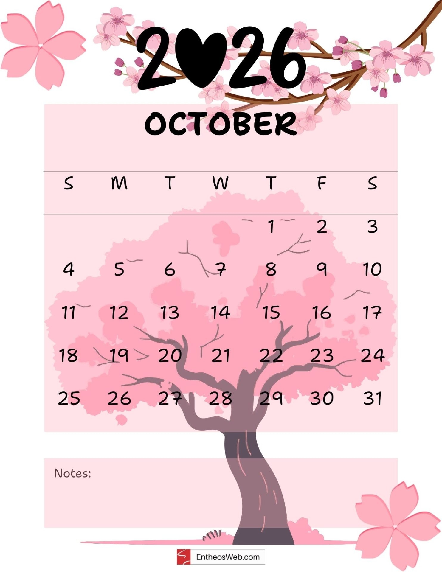 2026 Monthly Sakura Printable Calendar EntheosWeb