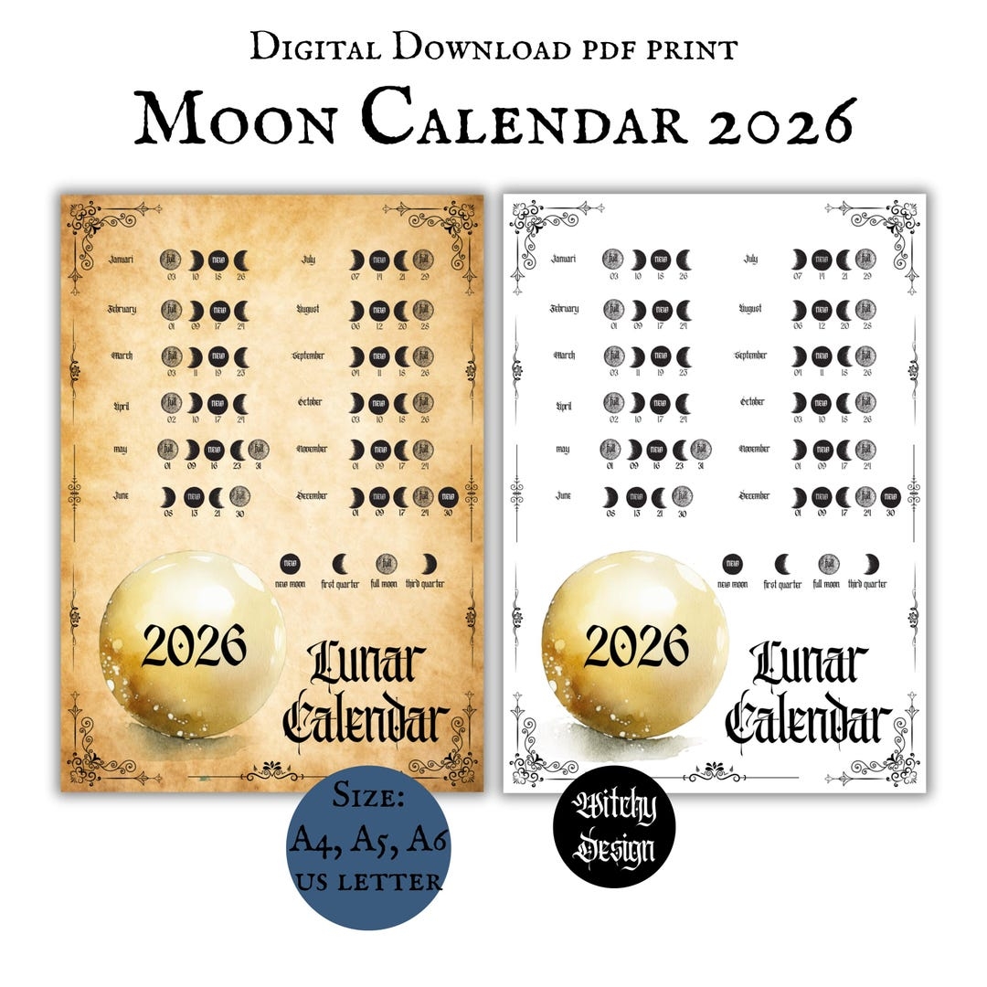 2026 Moon Calendar Printable Download Page Lunar Calendar Phases 2026 Witchy Planner Moon Calendar Astrology Lunar Cycle Pagan Moon Planner Etsy