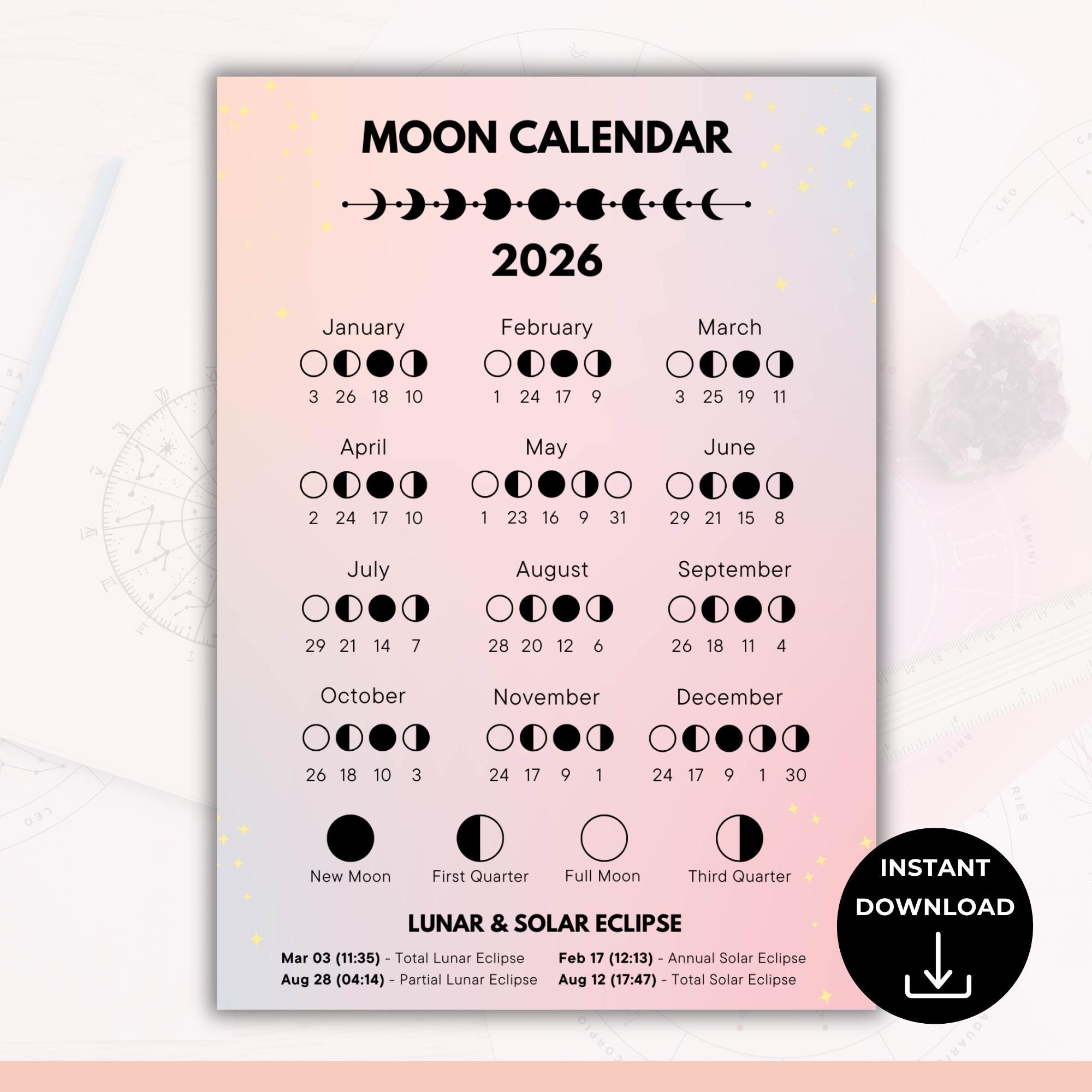2026 Moon Phases Calendar With PLR Resell Rights Lunar Astrology Calendar Moon Cycle Canva PDF Etsy