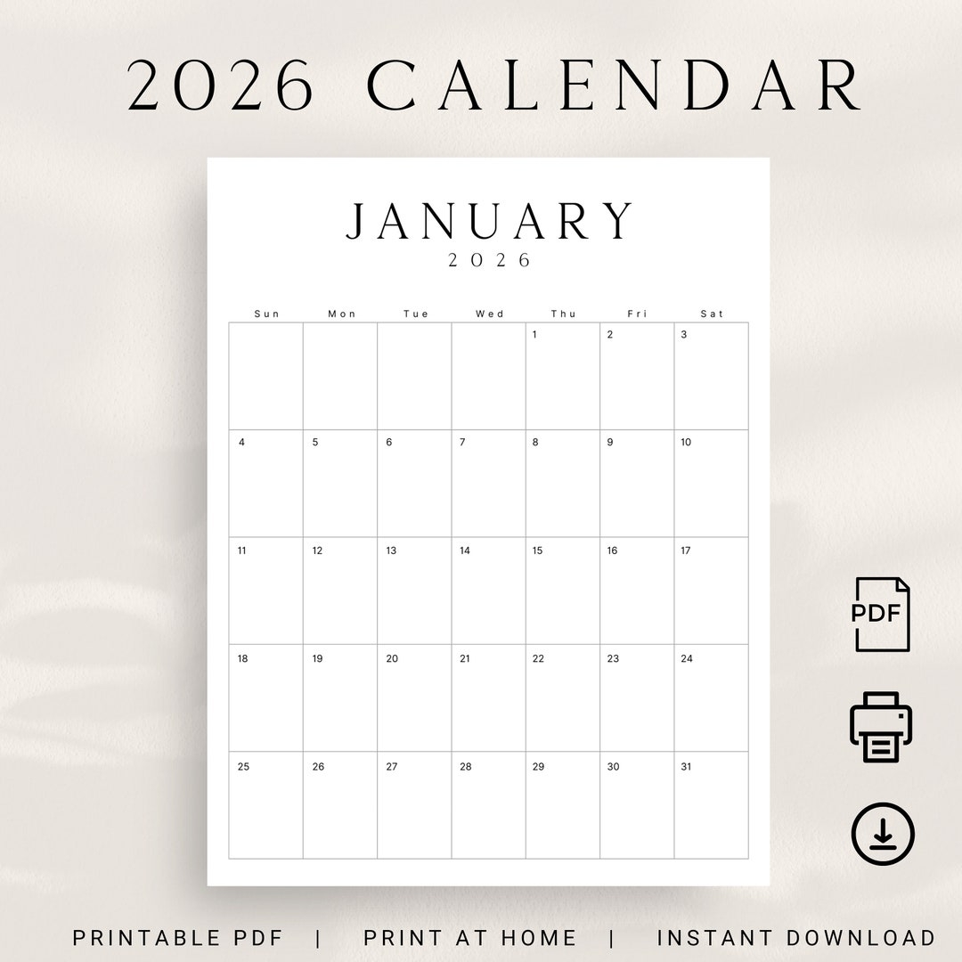 2026 Printable Calendar 2026 Planner Vertical Calendar Portrait LUXE Monthly Calendar A4 Letter Size Sunday Monday Start 2026 Calendar PDF Etsy