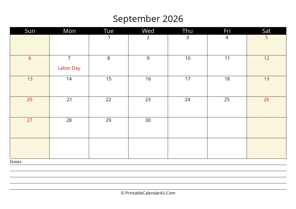2026 September Calendars PrintableCalendar4U Com