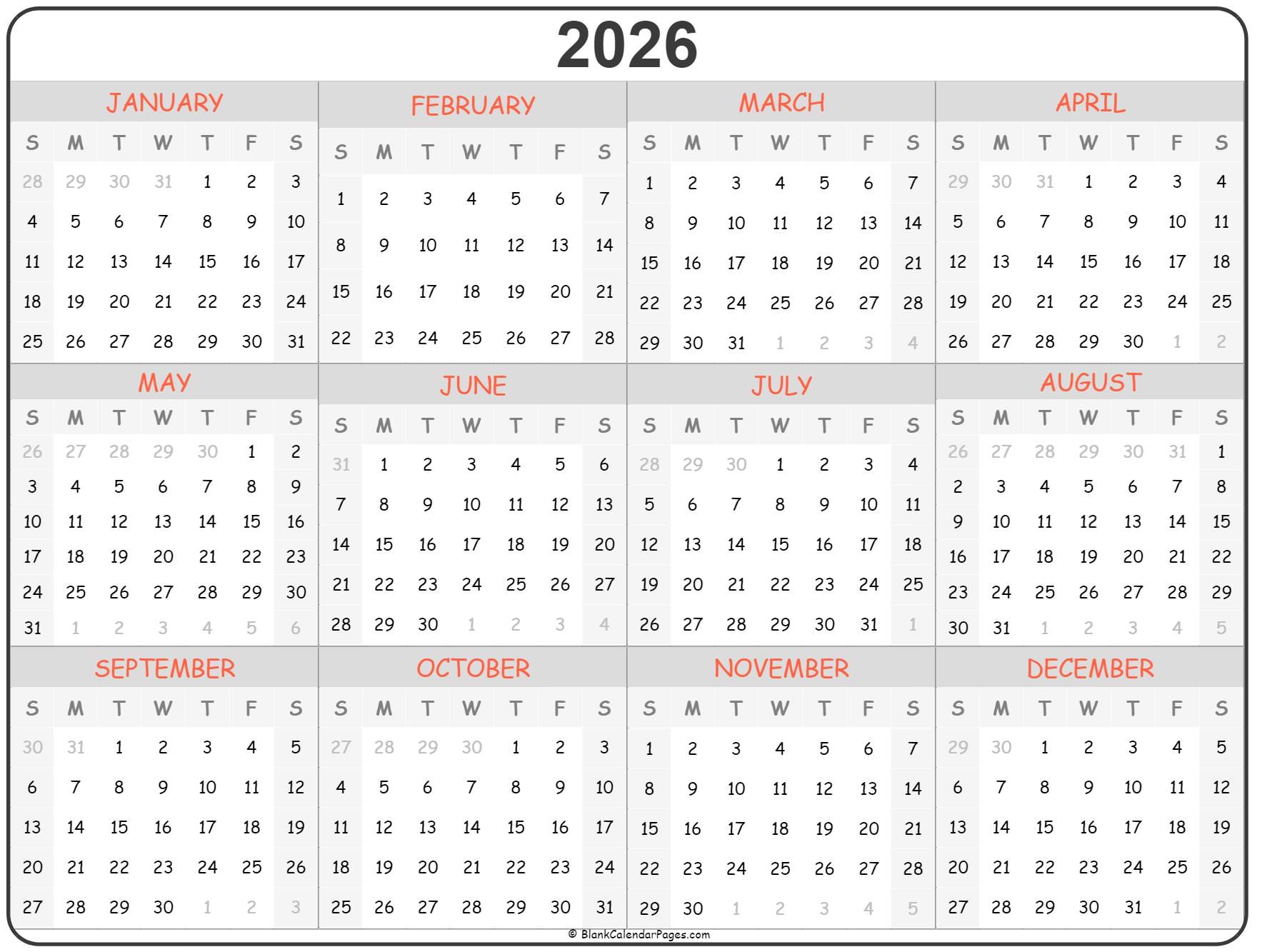 Printable Yearly Calendar 2026 With Holidays
