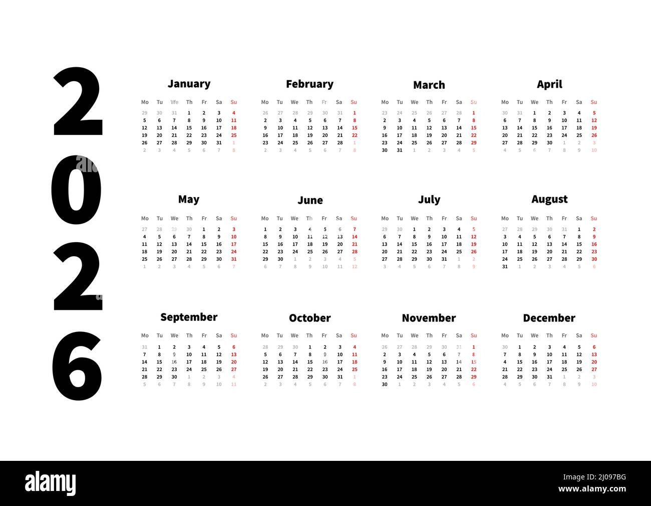 2026 Year Simple Horizontal Calendar In English Typographic Calendar Isolated On White Stock Vector Image Art Alamy