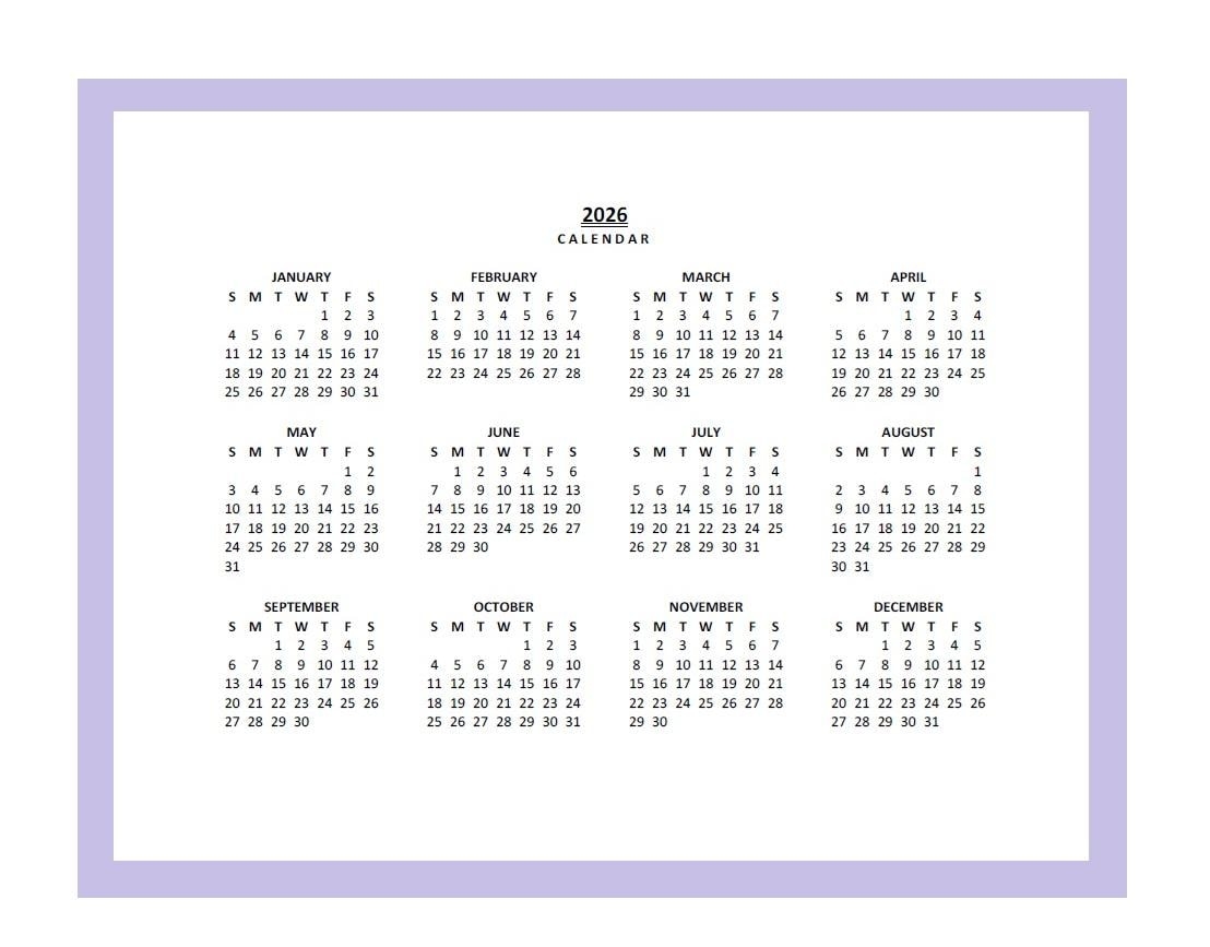At A Glance Calendar 2026 Printable At A Glance Calendar 2026 Printable