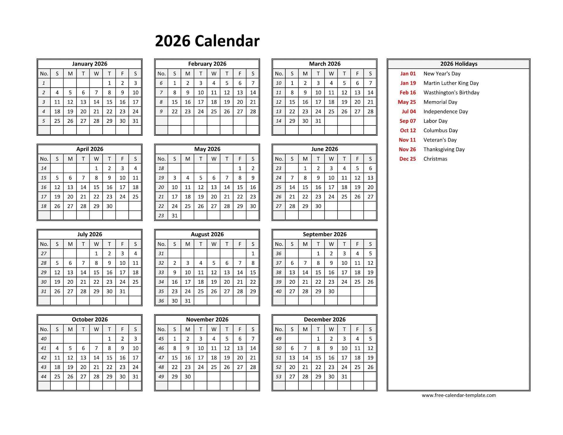 2026 Calendar Horizontal Printable