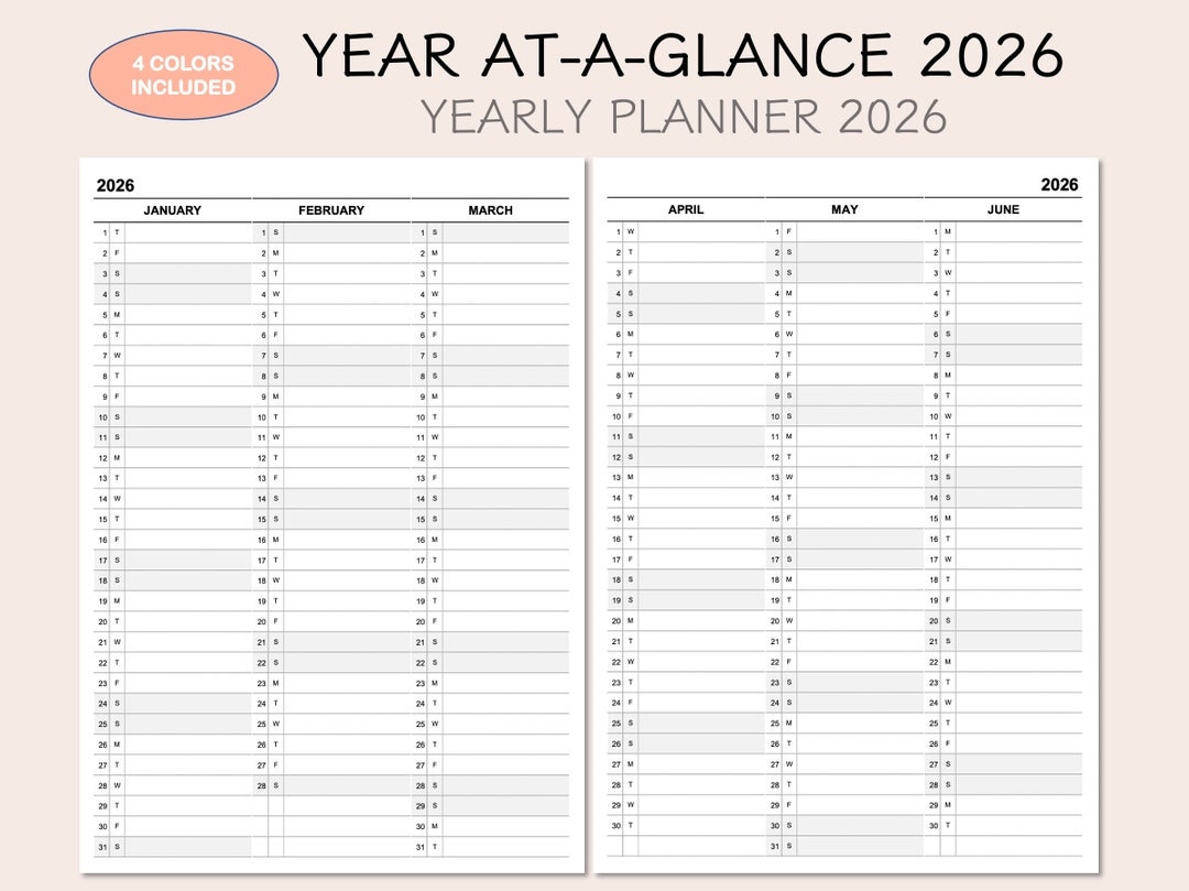 2026 Yearly Planner Calendar Year At a glance 4 Colors printable PDF Etsy 2026 Yearly Planner Calendar Year At a glance 4 Colors printable PDF Etsy