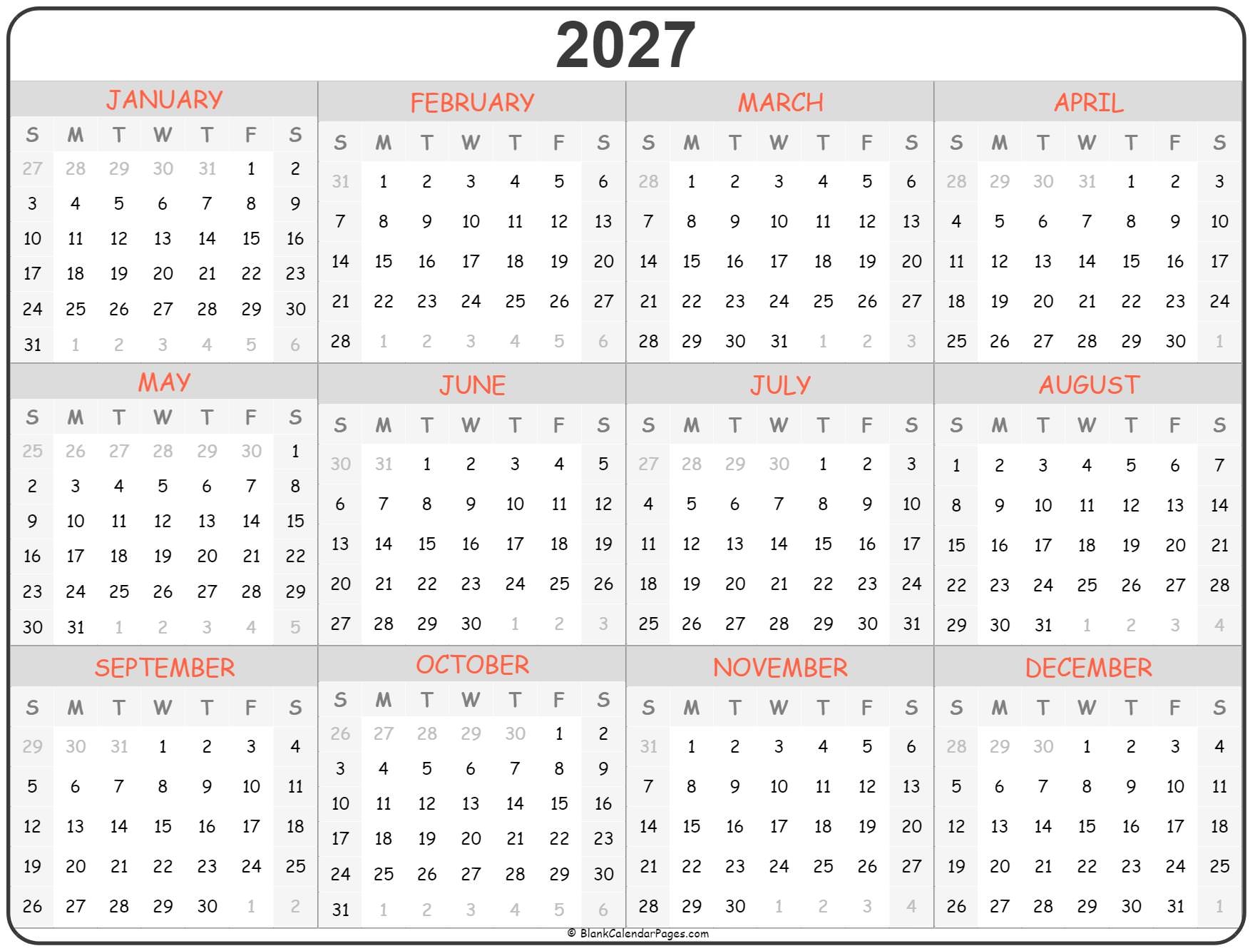 Free Printable 2027 Calendar With Holidays