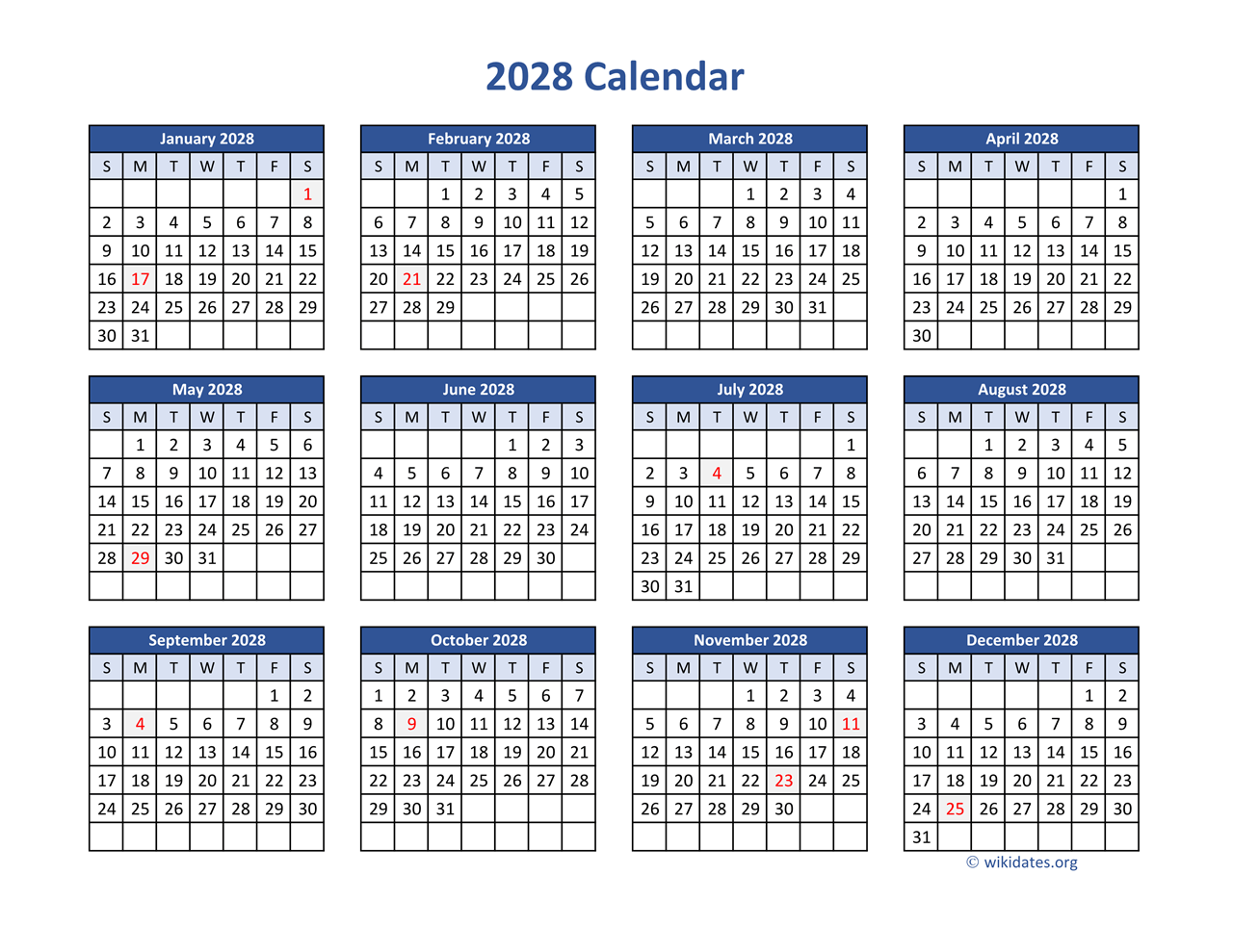 2028 Calendar In PDF WikiDates