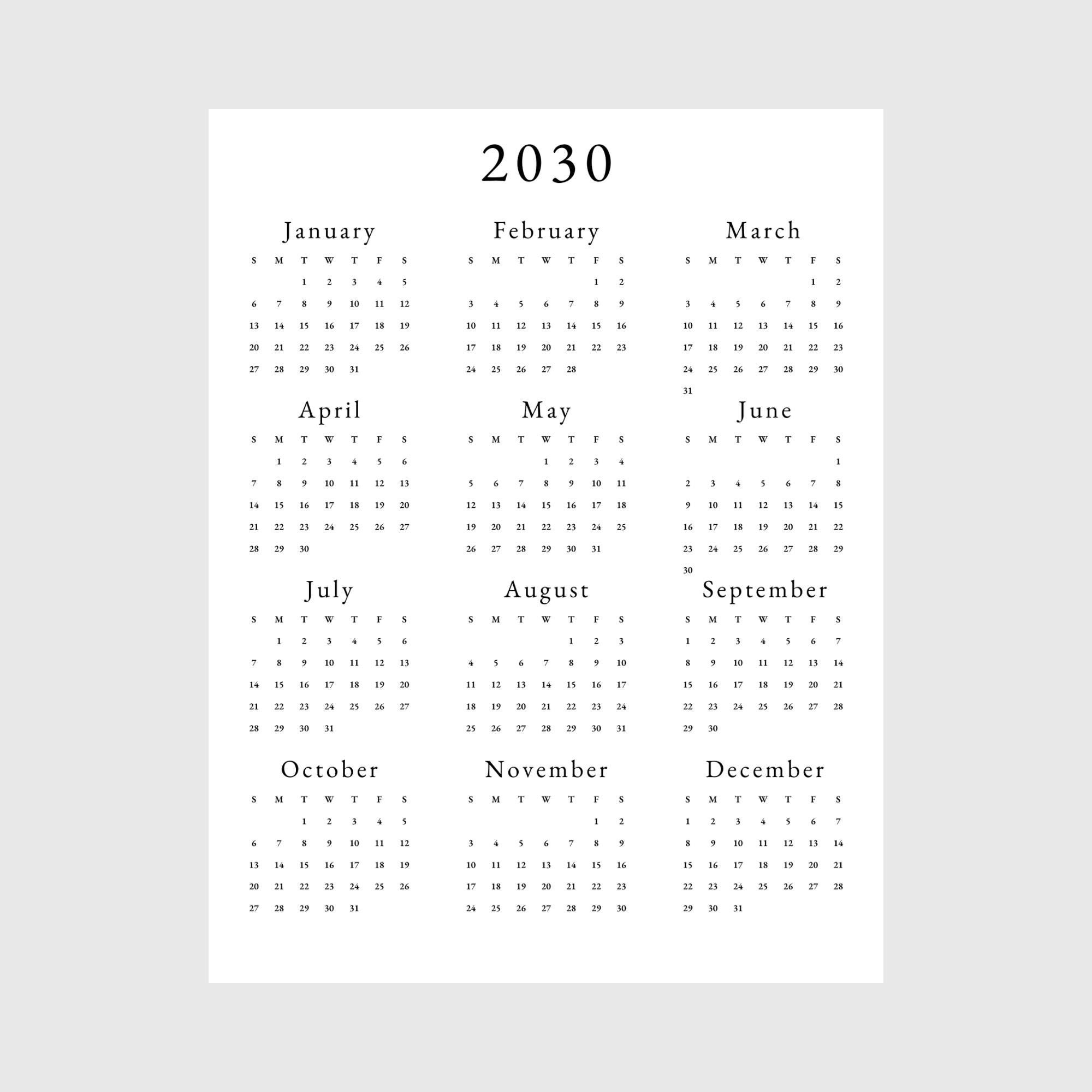 2030 Yearly Calendar 2030 Annual Calendar Printable 2030 Calendar Vertical 2030 Wall Calendar A3 A4 Letter Size Desk Calendar 2030 Print PDF Etsy