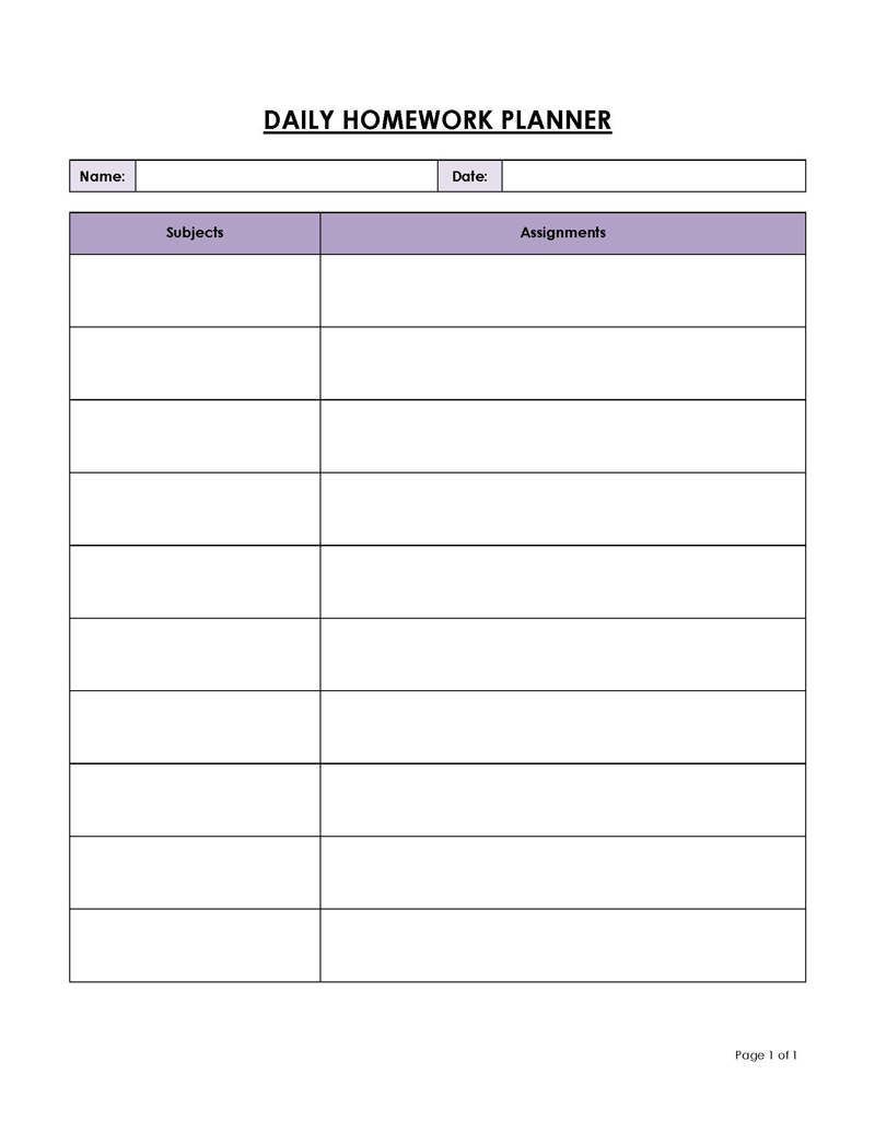 Homework Assignment Sheet Printable