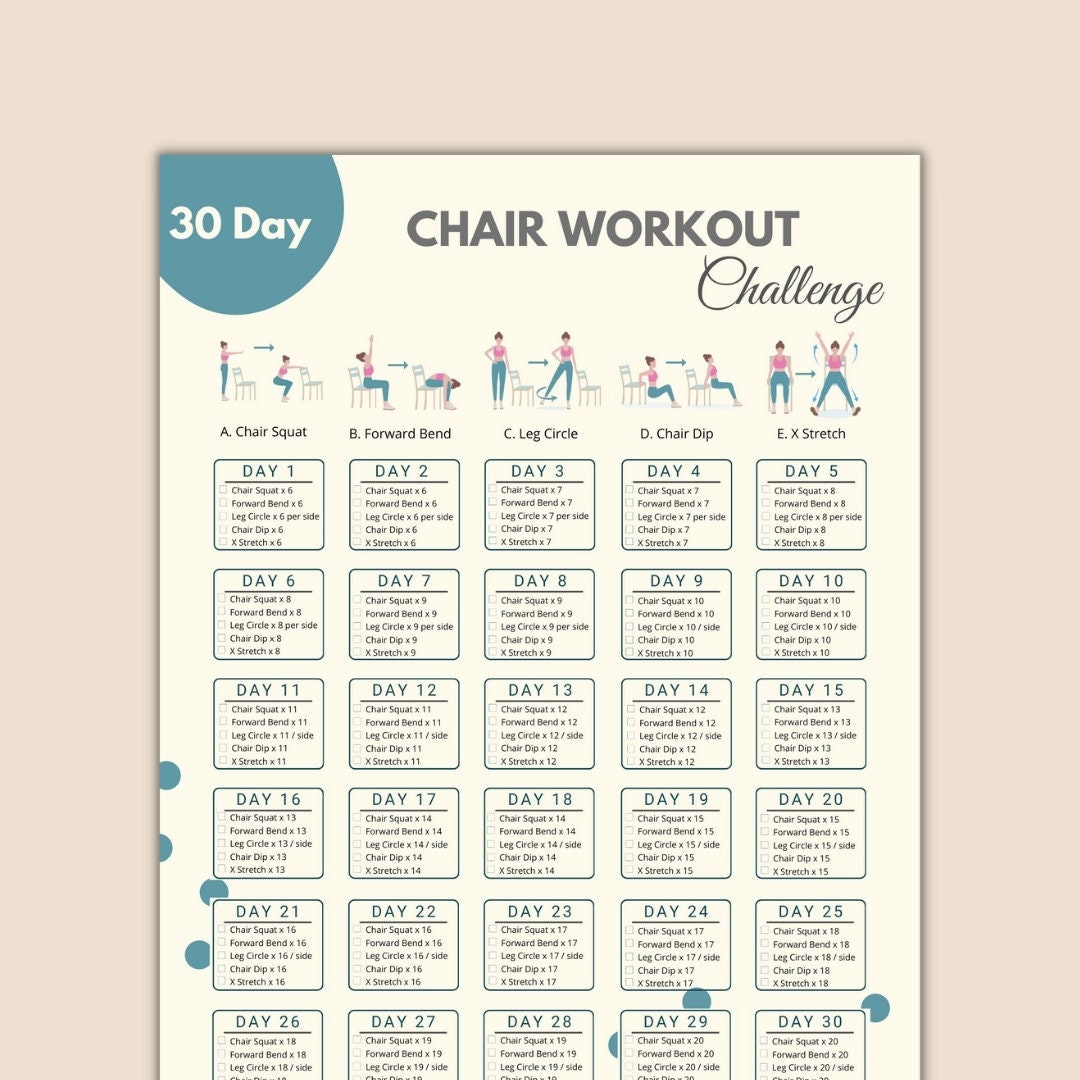 28 Day Free Workouts 30 Day Chair Workout Challenge Printable Chair Yoga Guide 10 Mins Workout Planner Digital Digital Office Workout Sitting Workout
