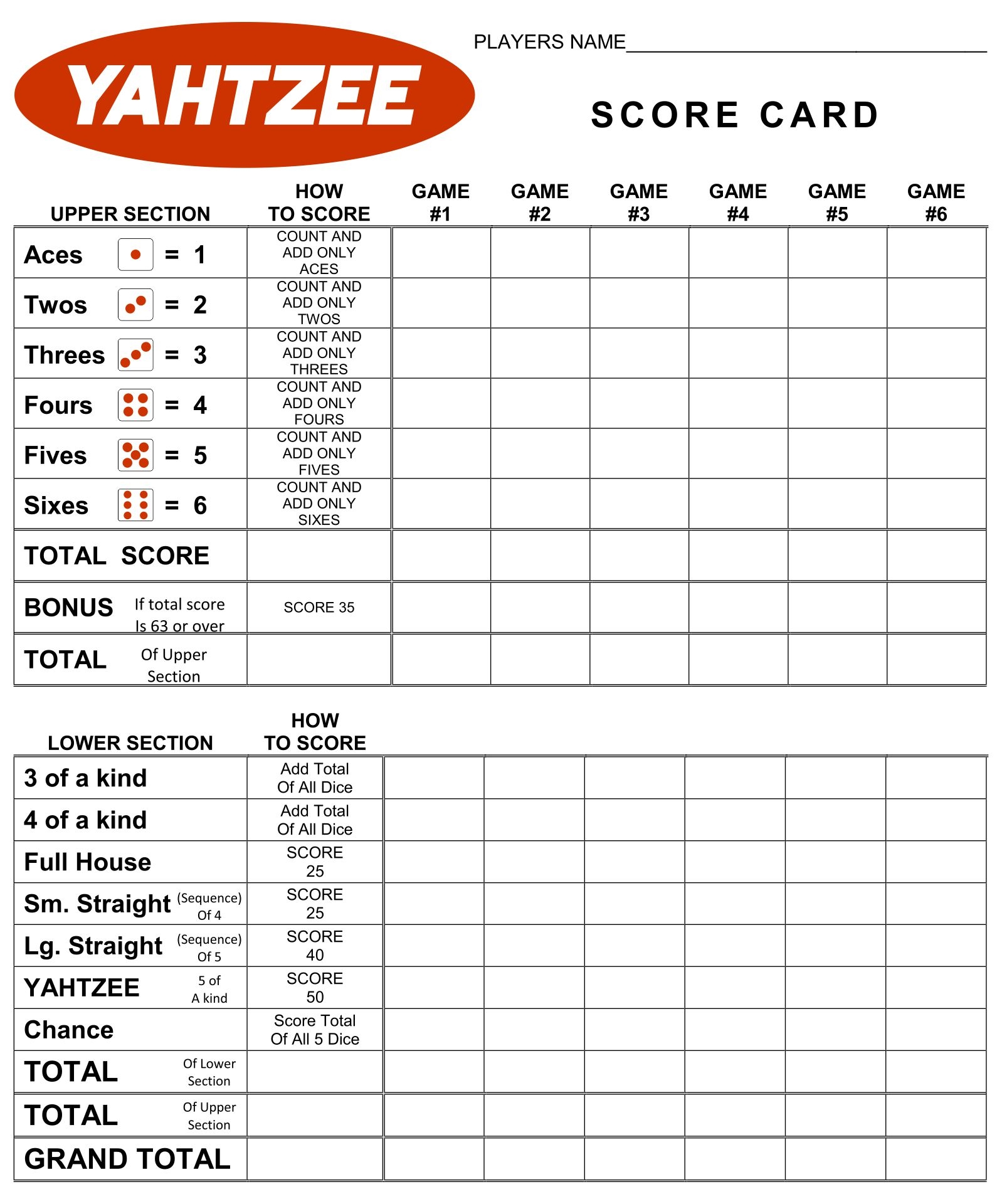 Large Printable Yahtzee Score Sheets