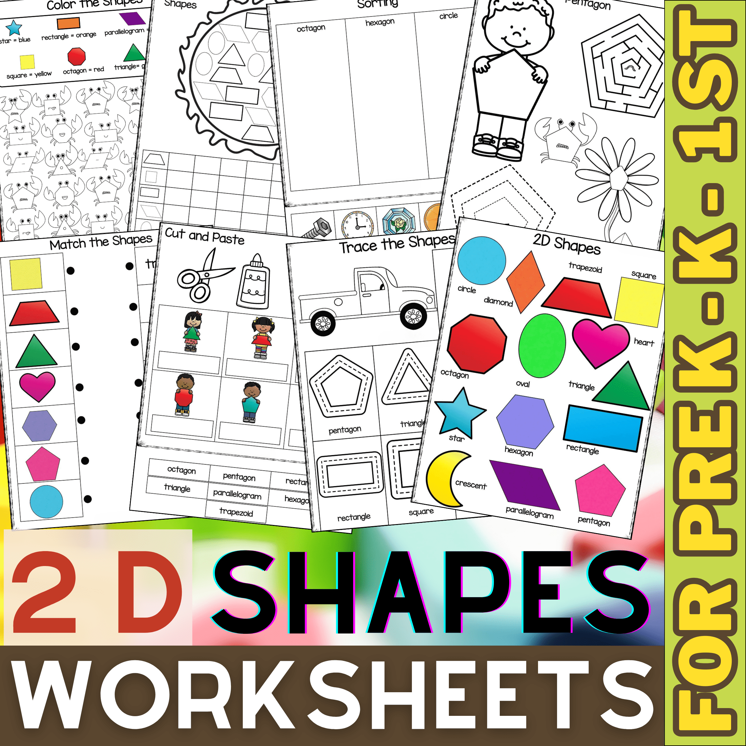 2D Shapes Worksheets Draw Trace Color Cut And Paste For 