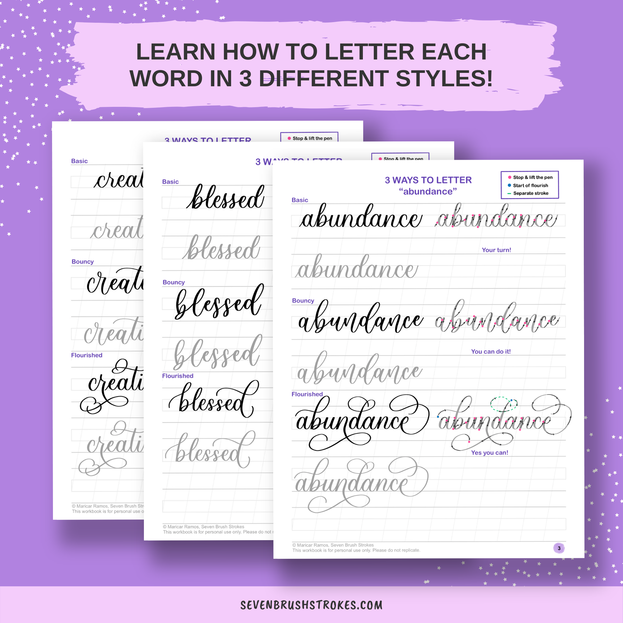 3 Ways To Letter Positive Words a To Z Basic Bouncy And Flourished Style Brush Lettering Practice Worksheet Seven Brush Strokes