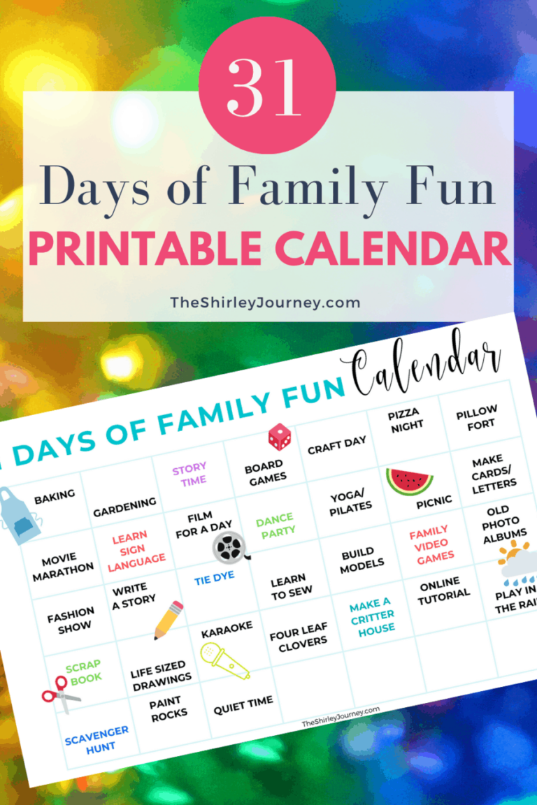 31 Days Of Fun Family Activities Printable Calendar The Shirley Journey