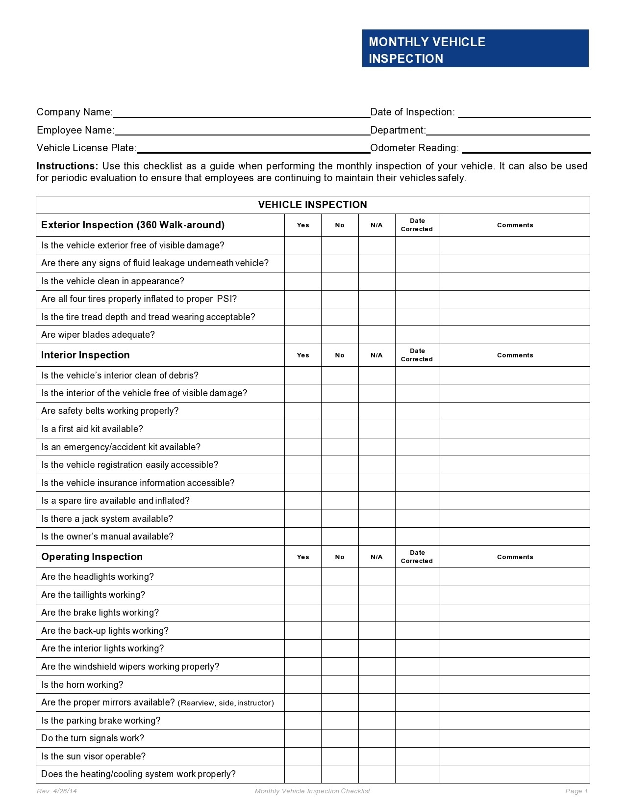 39 Best Vehicle Inspection Forms Lyft Uber Etc TemplateLab