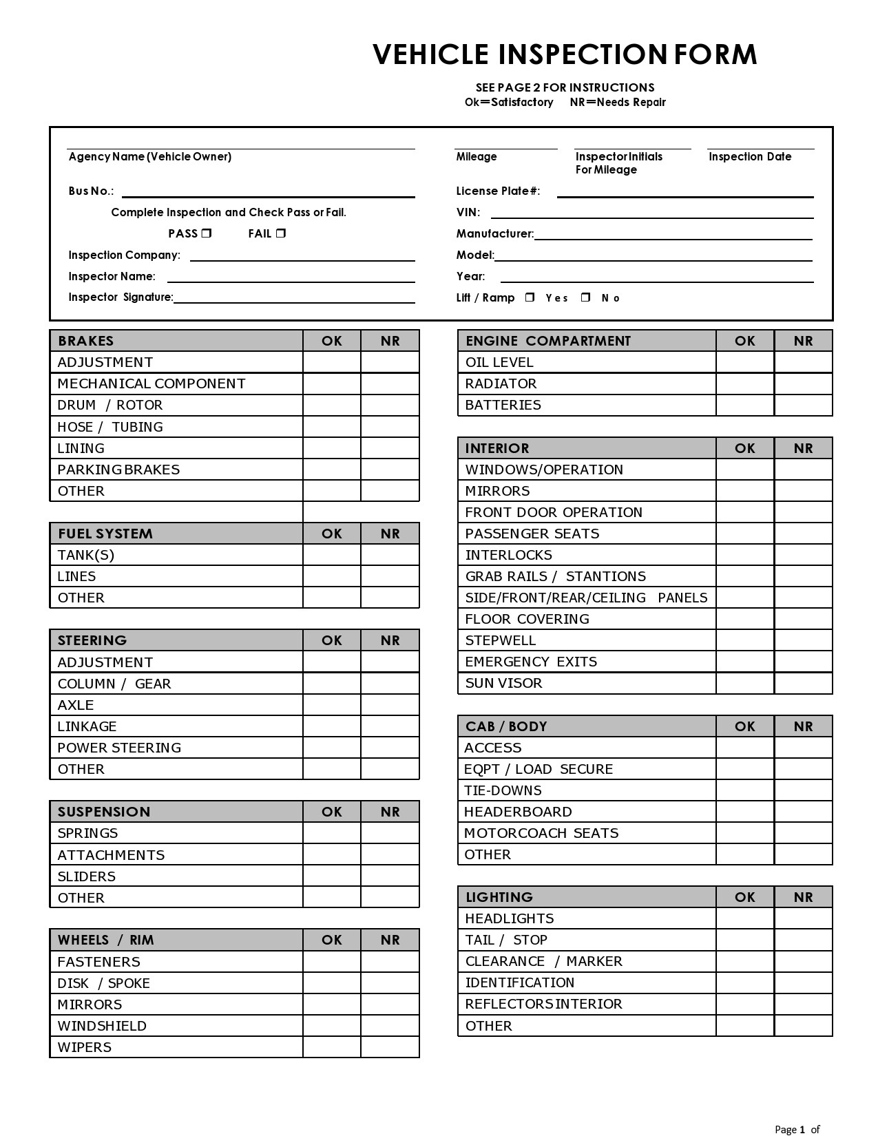 Printable Free Vehicle Inspection Sheets