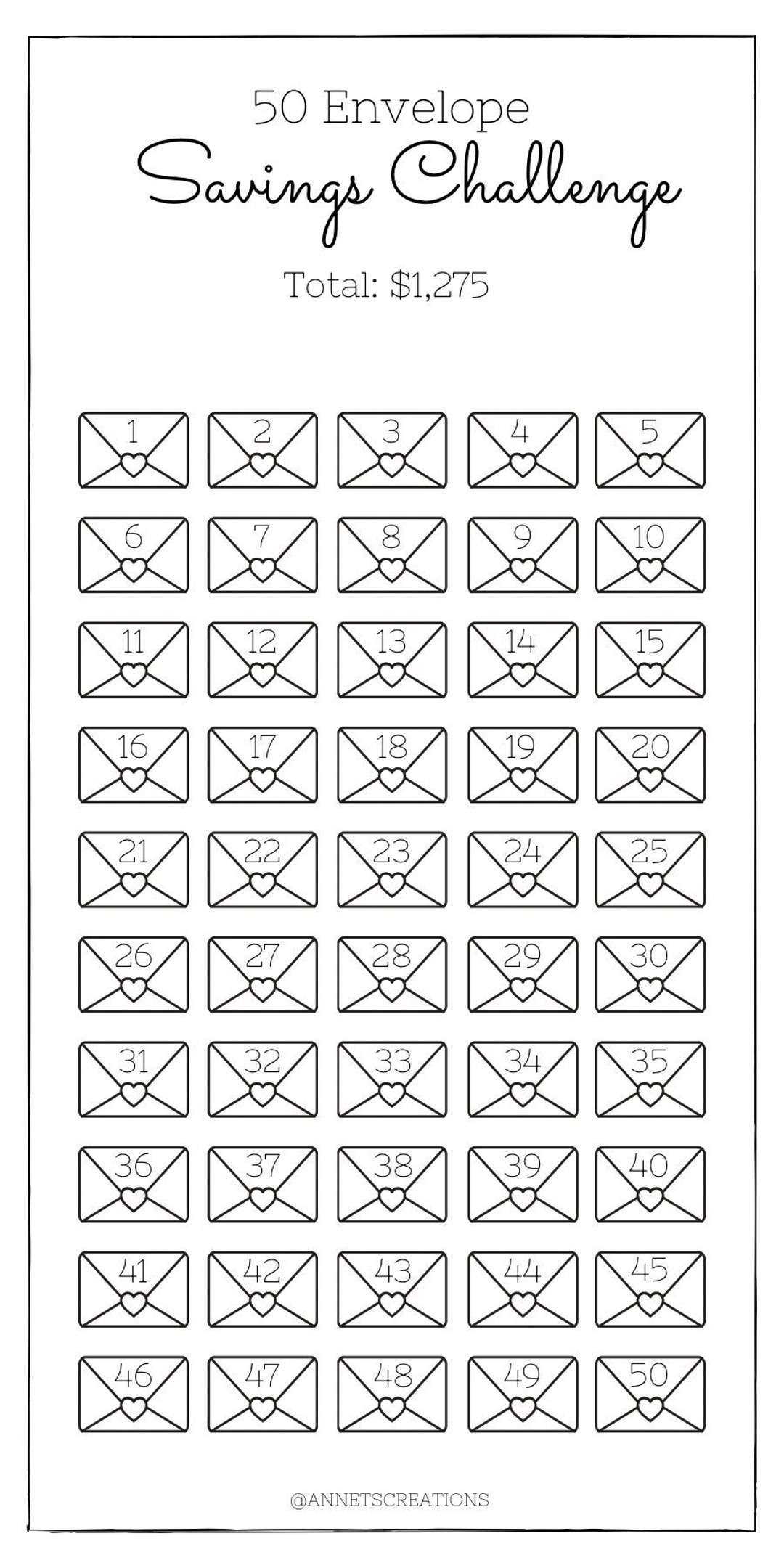 50 Envelope Savings Challenge Save 1275 Digital Download Etsy