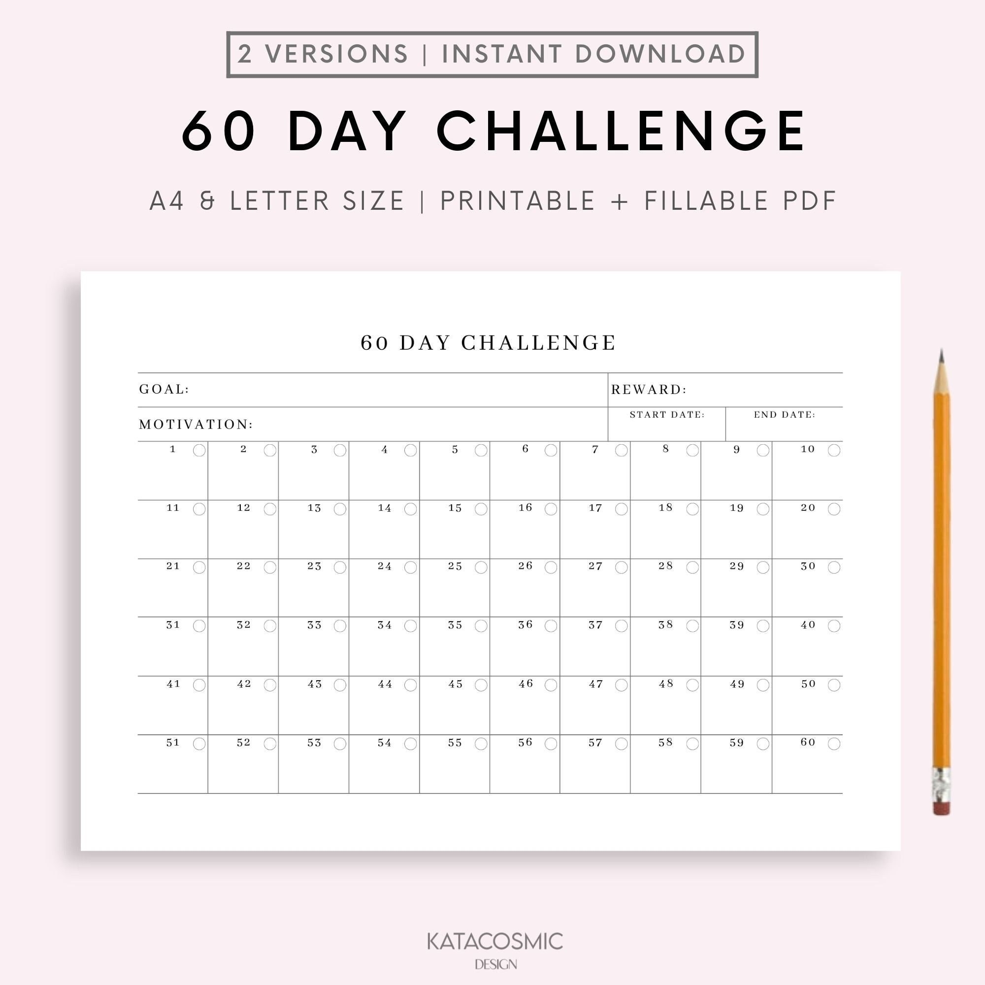 60 Day Challenge Goal Setting Goal Progress Tracker Habit Forming A4 a5 letter Printable Fillable PDF Landscape Instant Download Etsy