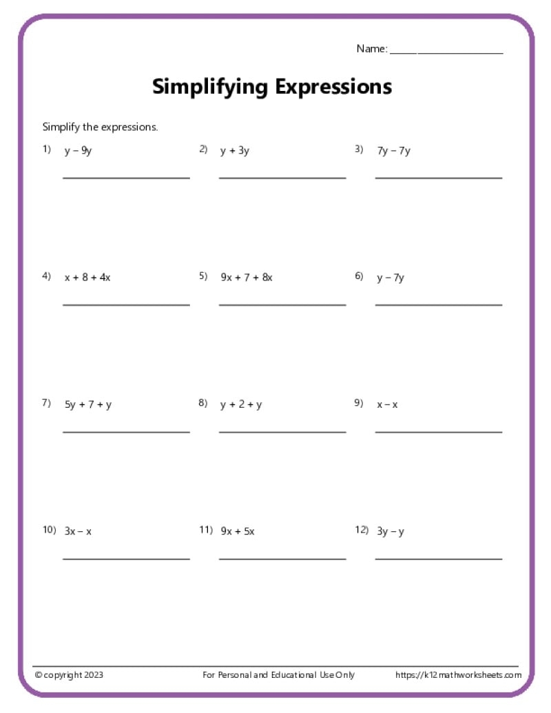 Free Printable Algebraic Equations Worksheets