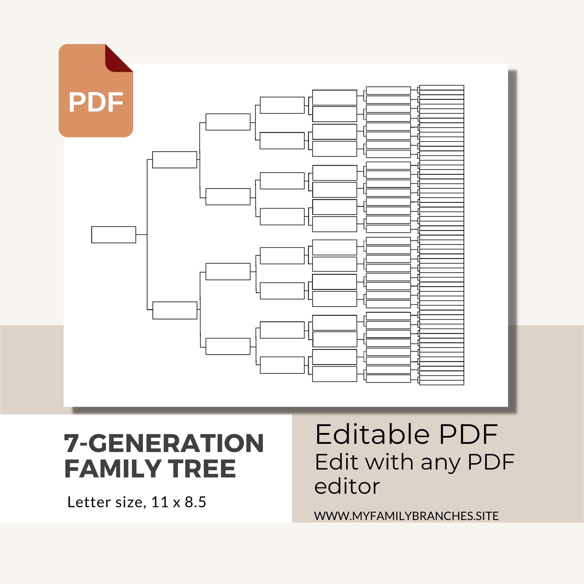 7 Generation Family Tree Fillable PDF Template Pedigree Chart Genealogy Instant Download Reunion Block And Line Text Etsy