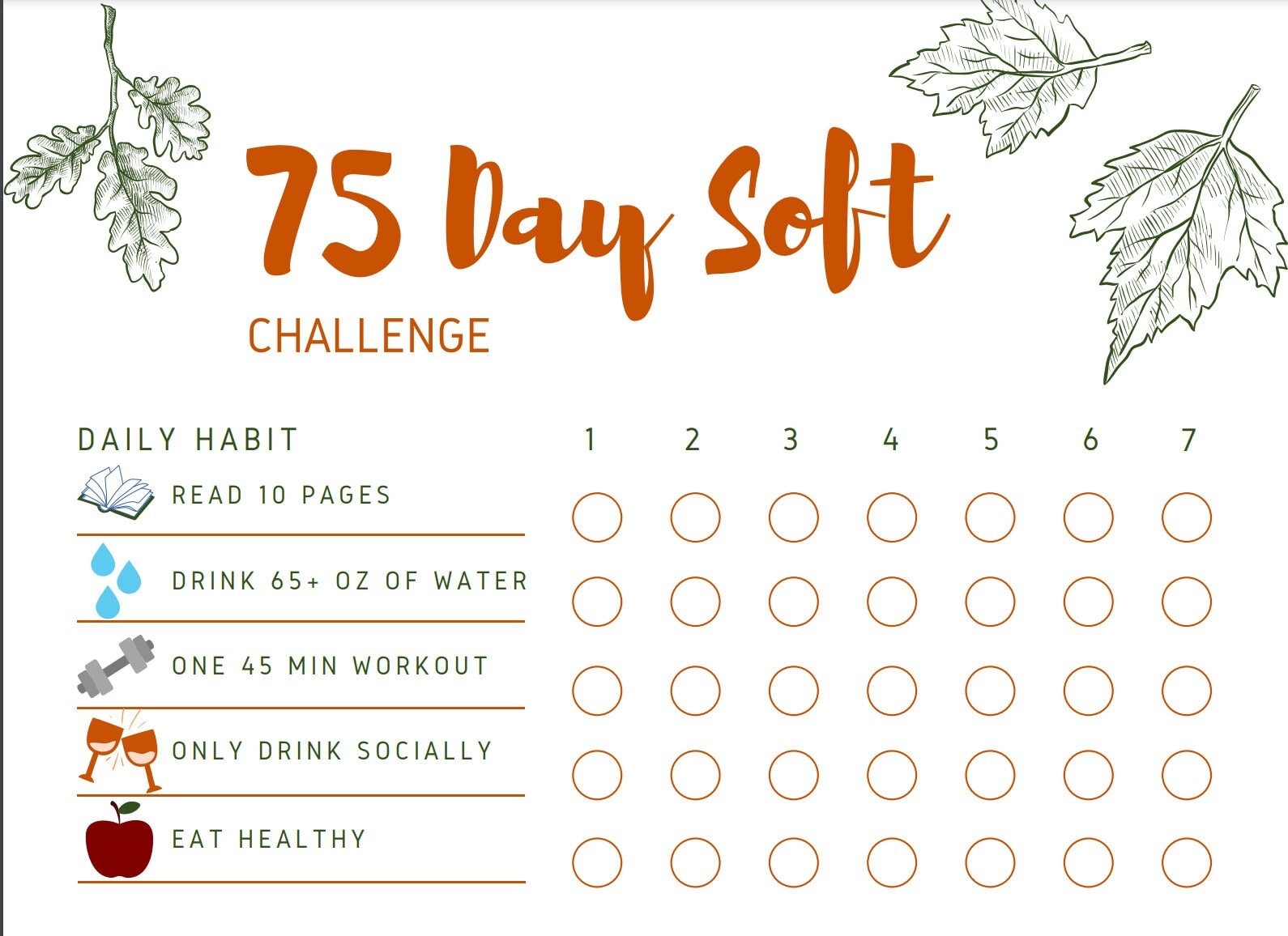 75 Day Soft Challenge Digital Download Printable Habit Tracker Etsy