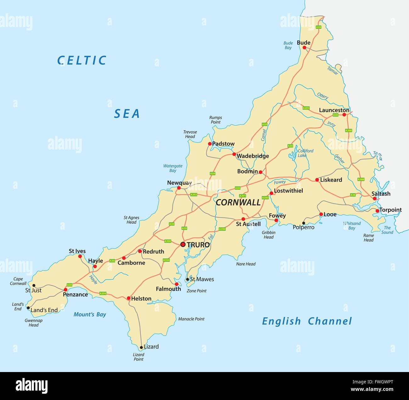 A Vector Road Map Of Cornwall United Kingdom Stock Vector Image Art Alamy