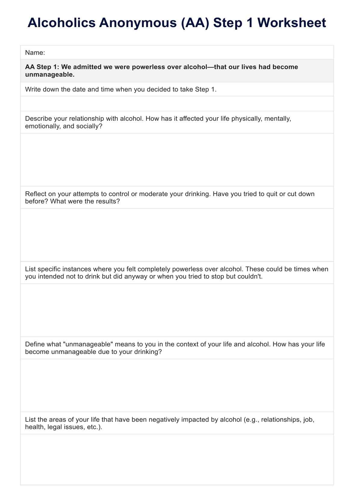 AA Step 1 Worksheet Example Free PDF Download