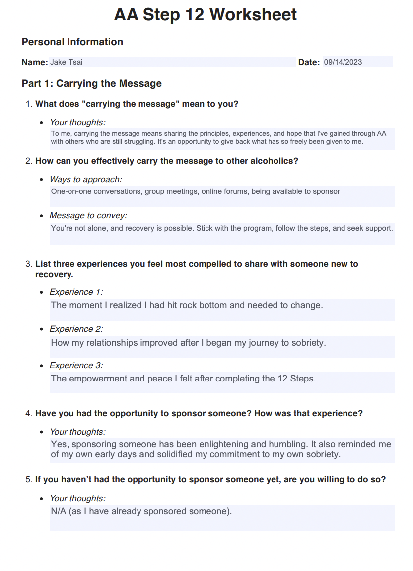 Printable 12 Step Worksheets