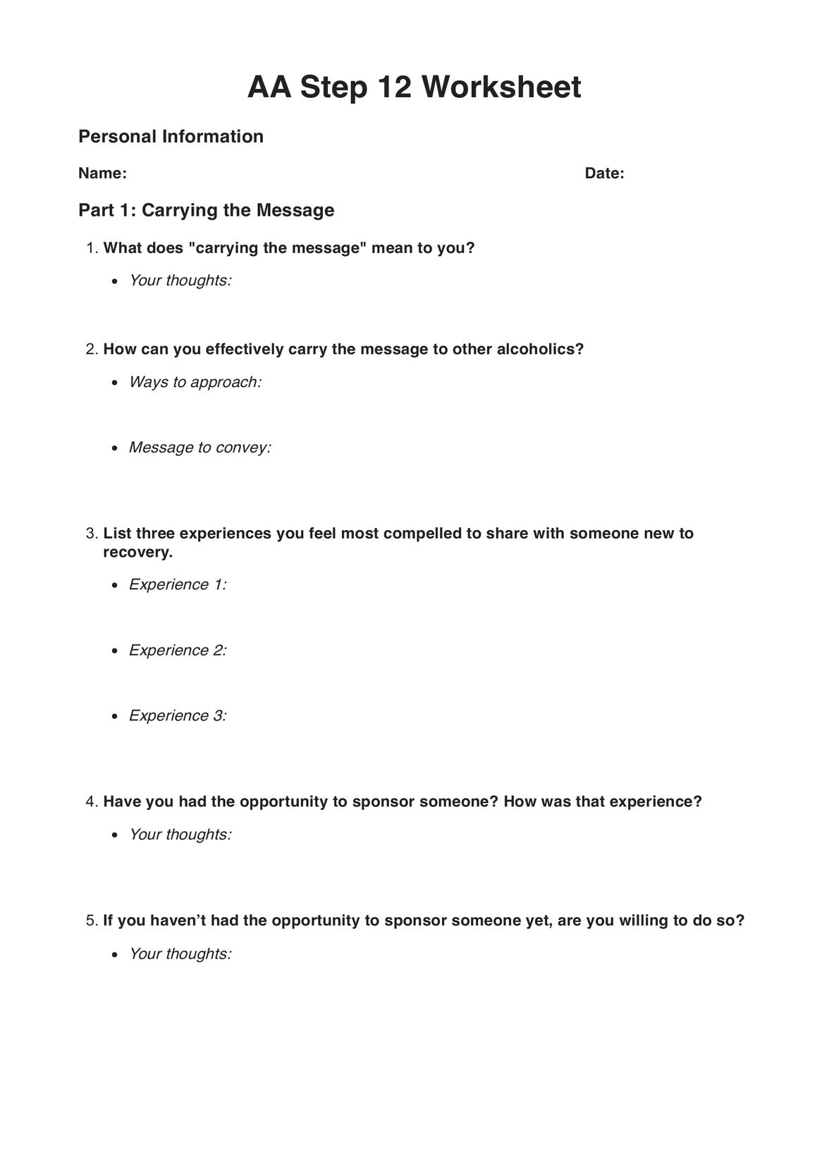 AA Step 12 Worksheets Example Free PDF Download