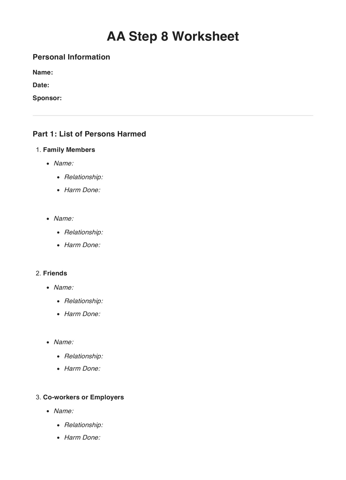 AA Step 8 Worksheets Example Free PDF Download