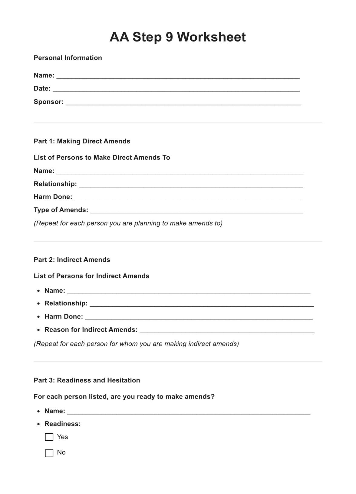 Printable Aa Step Worksheets