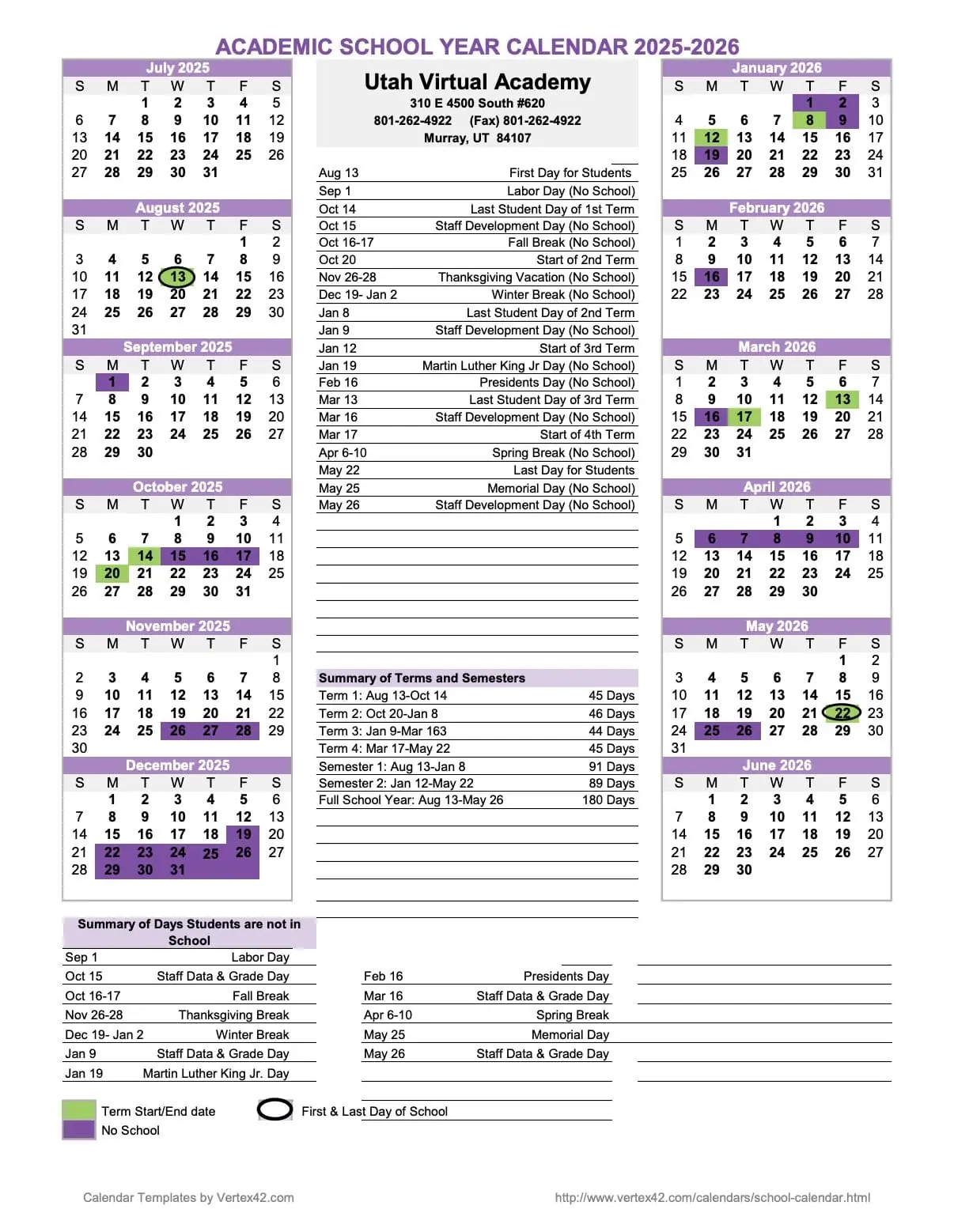 Academic Calendar Utah Virtual Academy