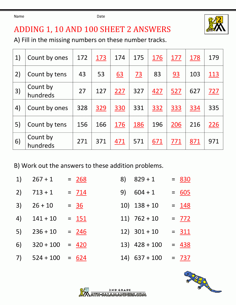 Adding 1 10 100 Worksheets