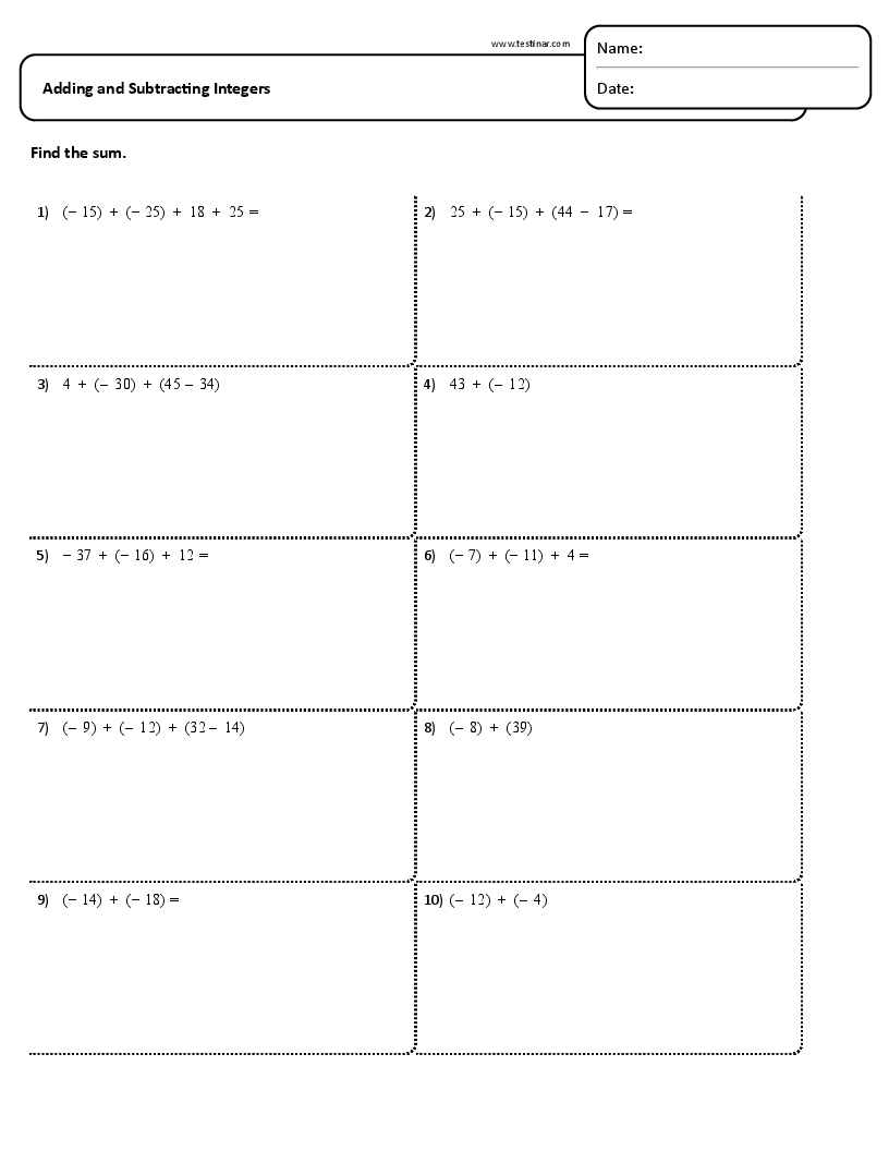 Integers Printable Worksheets