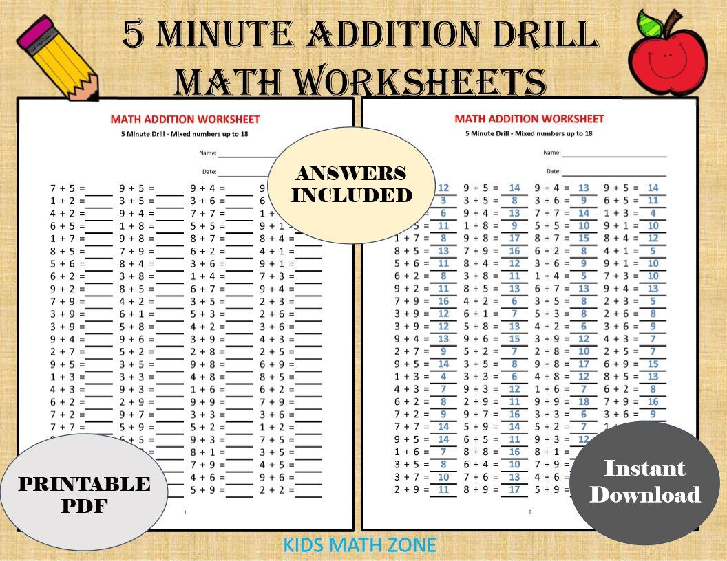 Addition 5 minute Drill Worksheets With Answers PDF Download Etsy
