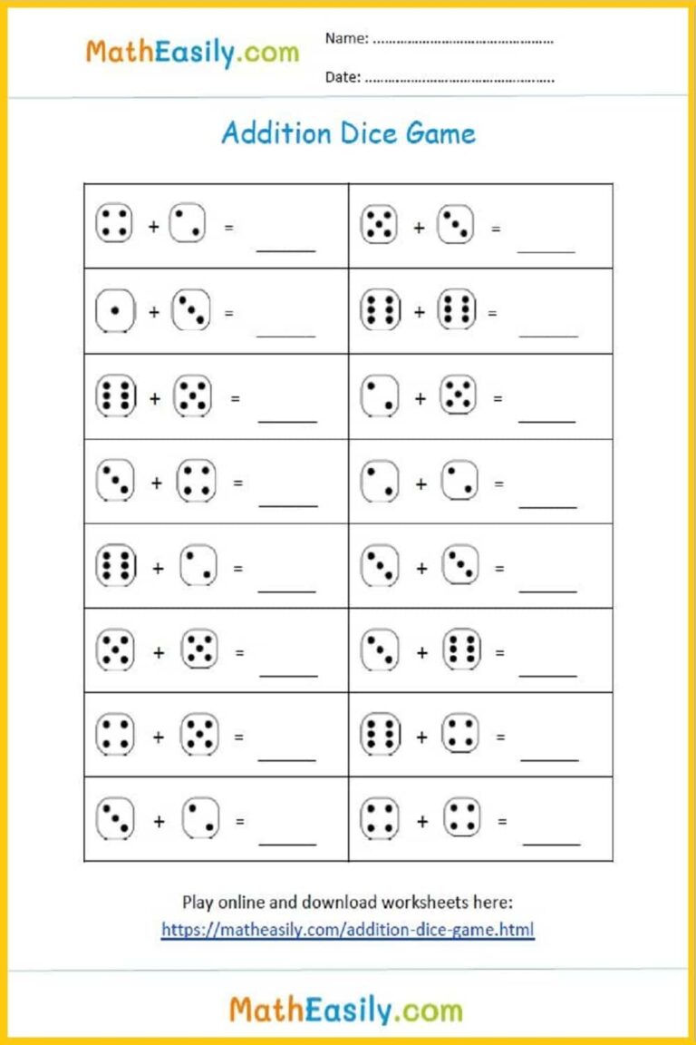 Addition Dice Games PRINTABLE Online 