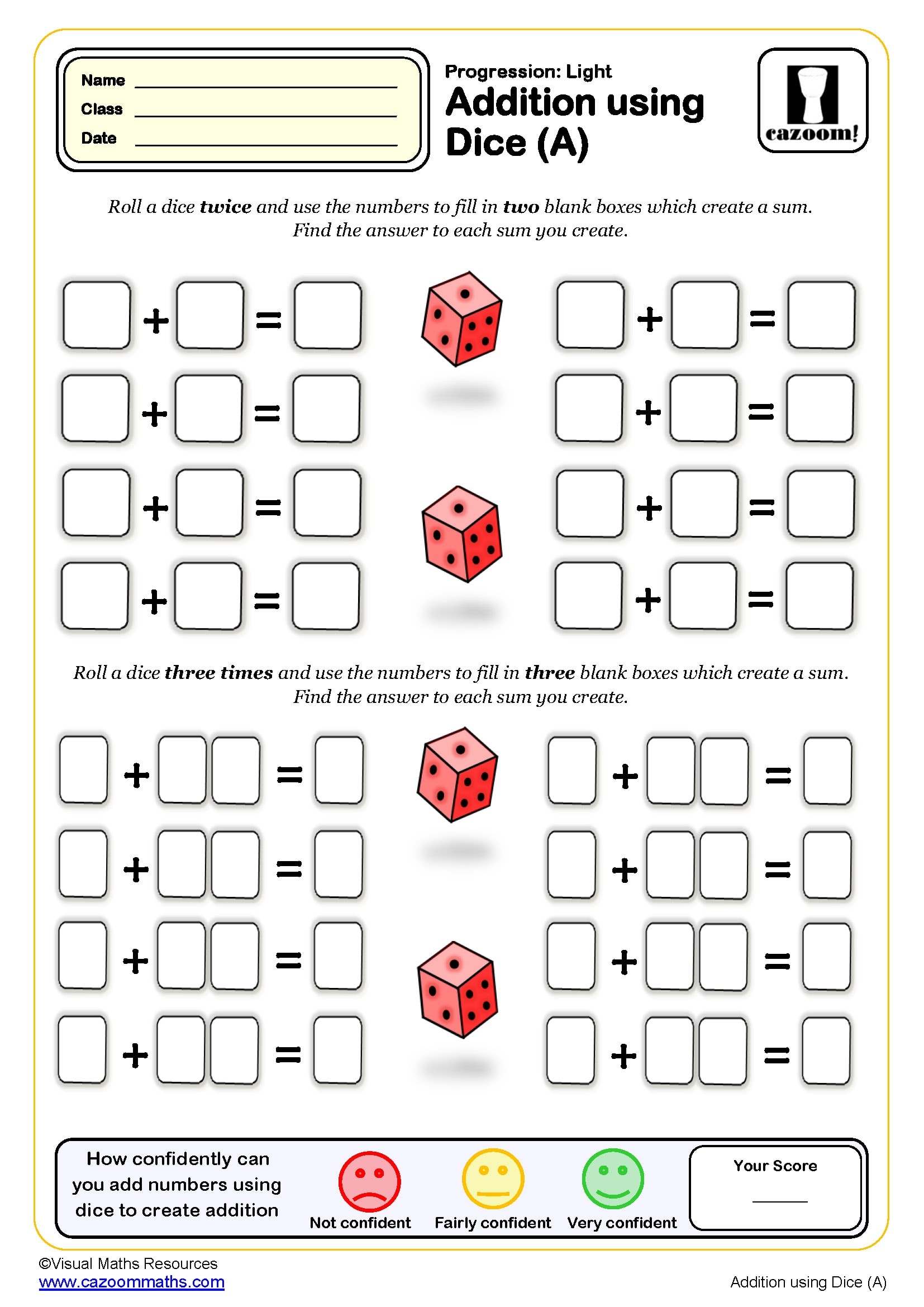 Addition Using Dice Worksheet A PDF Printable Addition Worksheets