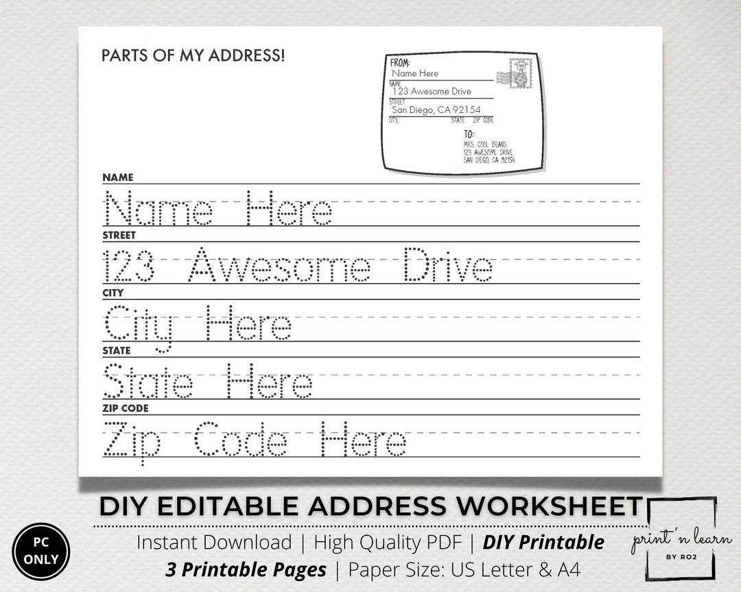 Address Tracing Sheet I Know My Address Address Worksheet Address Activity Editable Address Tracing Write My Address Dot Letters DIY Etsy