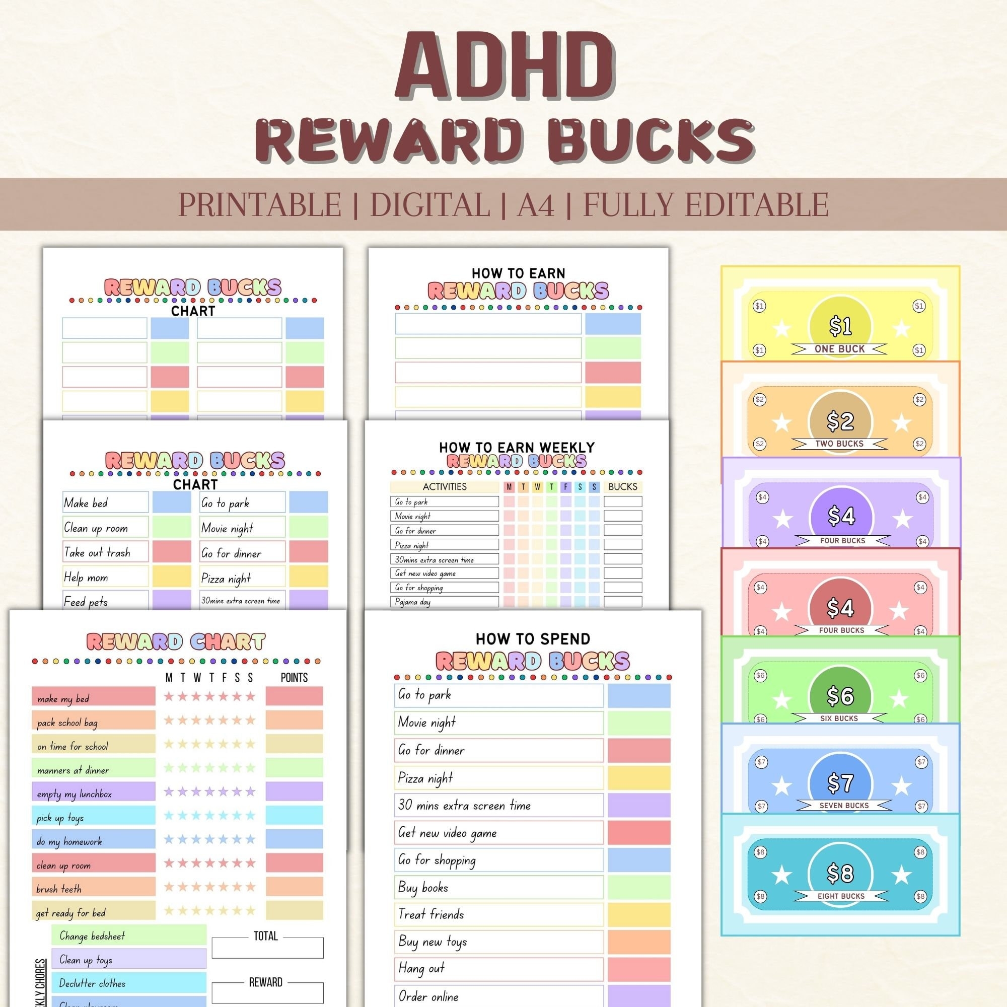 ADHD Reward Chart Kids Chore Chart Rainbow Bucks digital Download Etsy