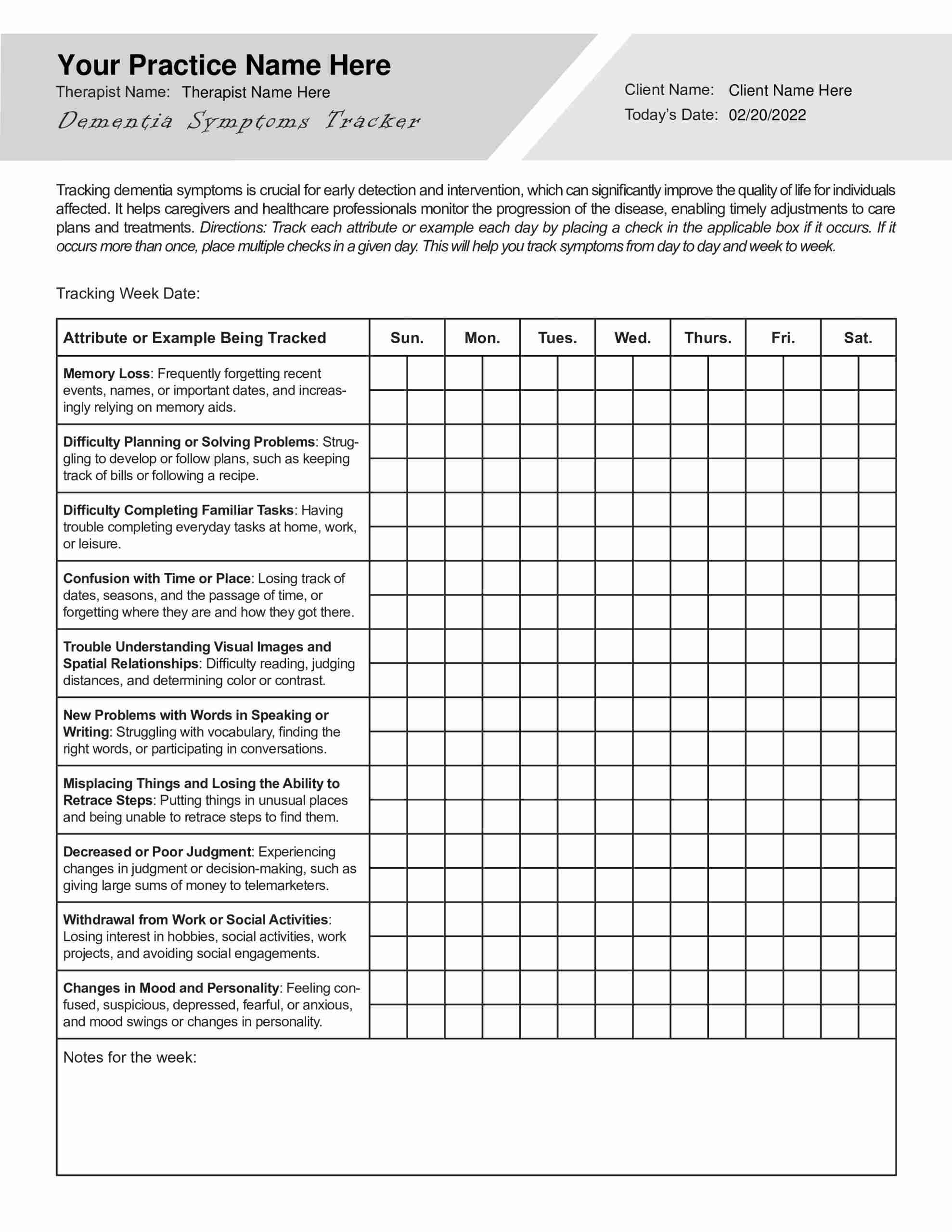 Printable Behaviour Assessment Chart Dementia