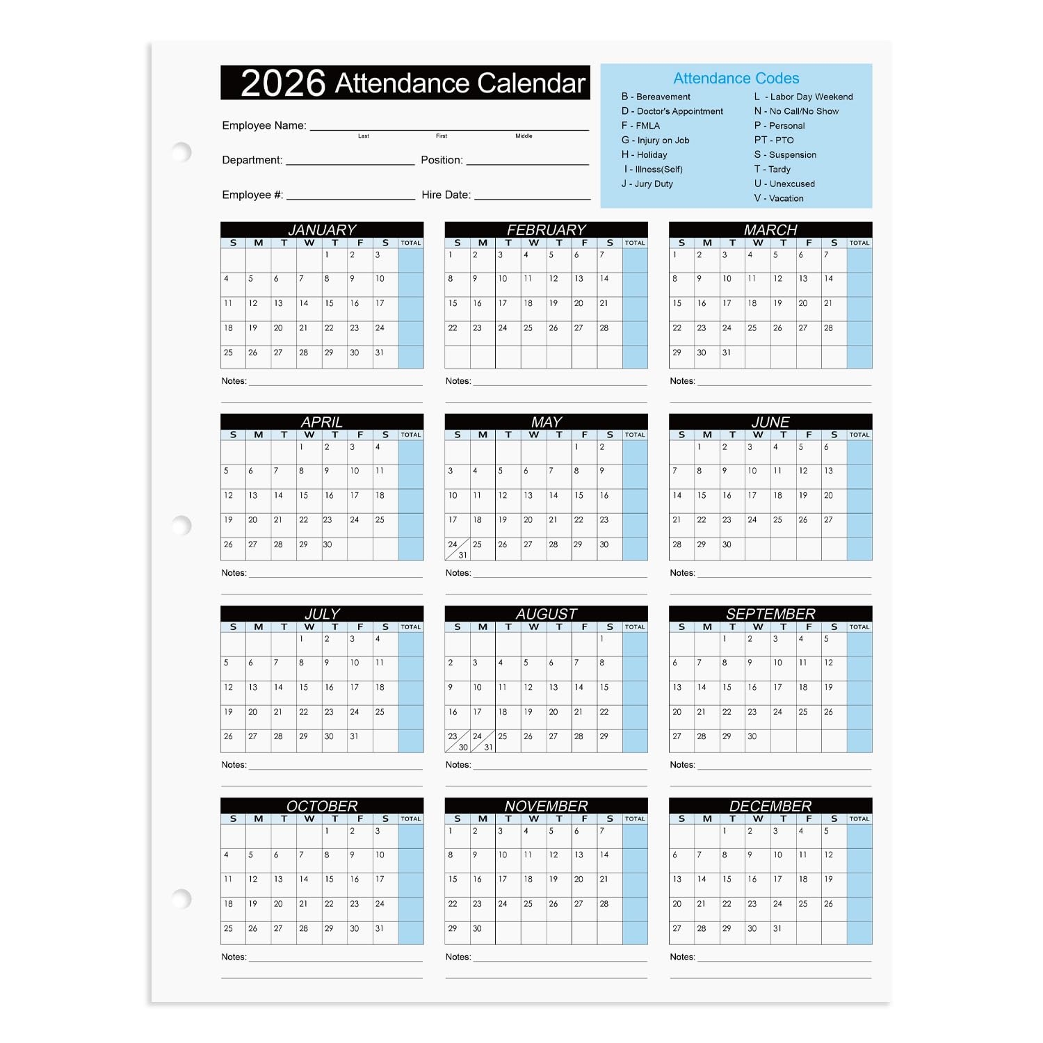Amazon 2026 Attendance Calendar Work Tracker Attendance Calendar Cards 8 5 X 11 Cardstock Pack Of 50 Sheets Office Products