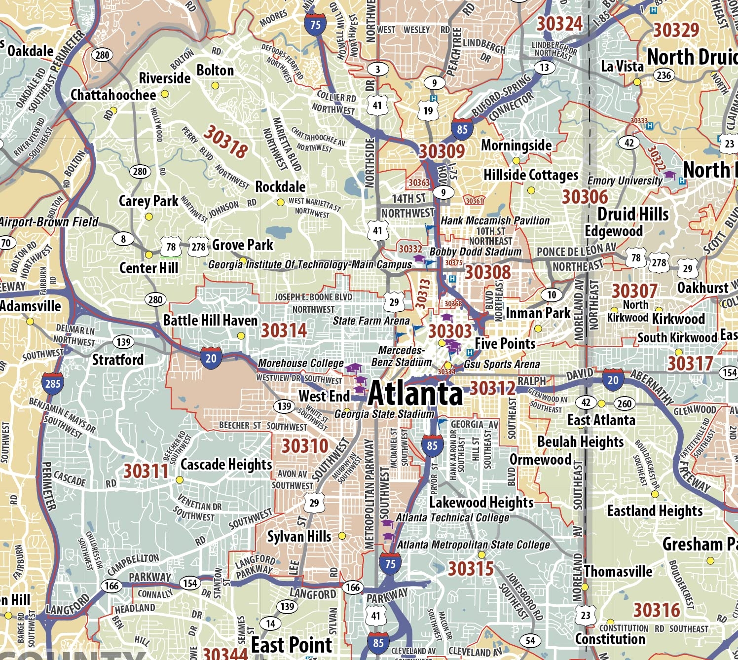 Amazon Atlanta Metro Area ZIP Code Laminated Map 42 X 42 Office Products